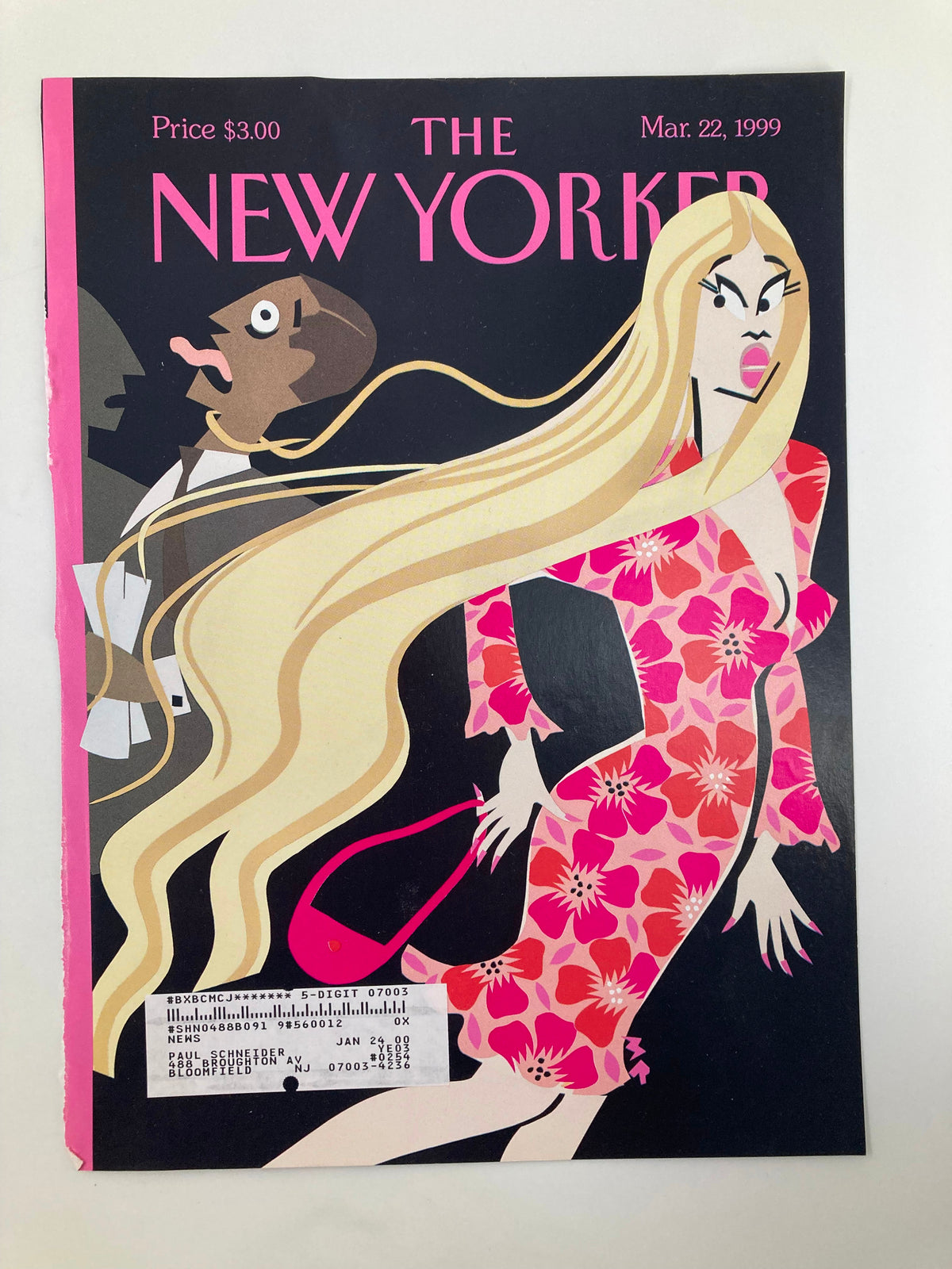 The New Yorker March 22 1999 cover titled 'Cruel Extensions' by Michael Roberts, showcasing vibrant artwork of a glamorous woman in a pink dress with long hair, set against a dark background with stylized figures.