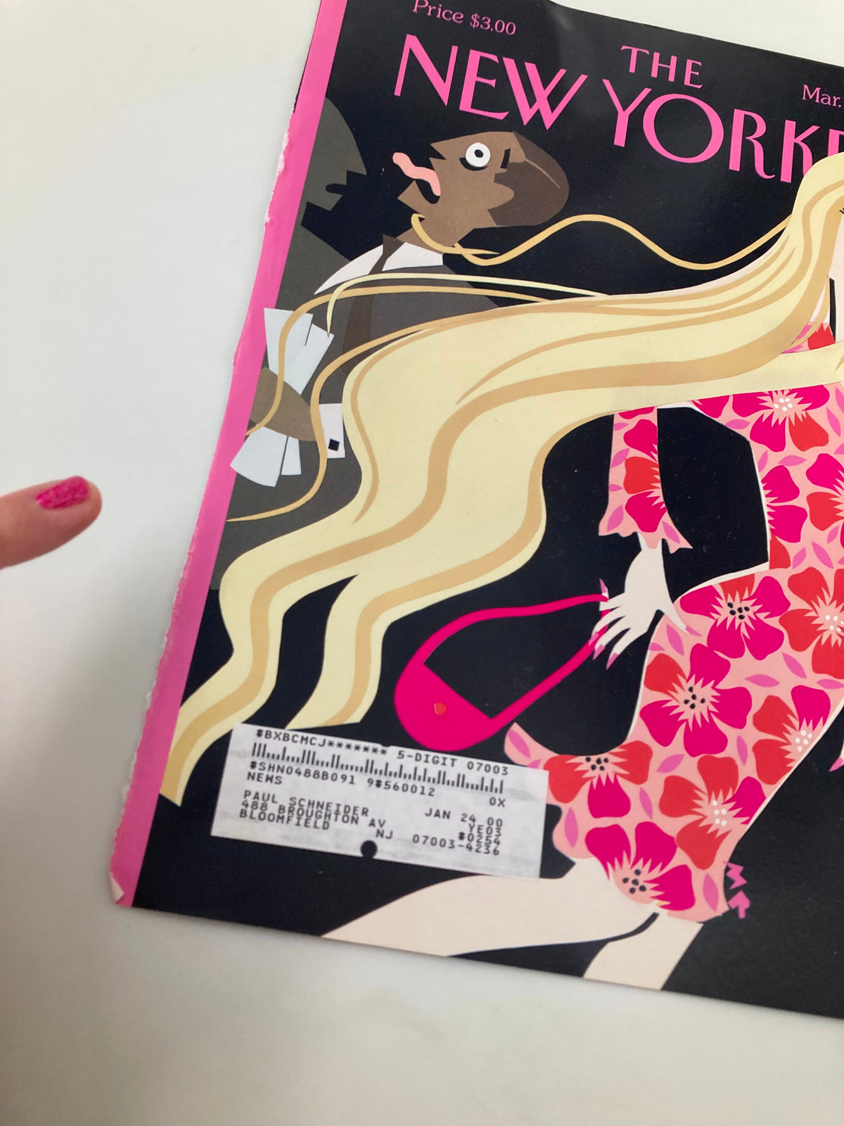 The New Yorker March 22 1999 cover titled 'Cruel Extensions' by Michael Roberts, emphasizing the detailed illustration of a woman in a pink floral outfit and a surprised man, along with vintage sticker details.
