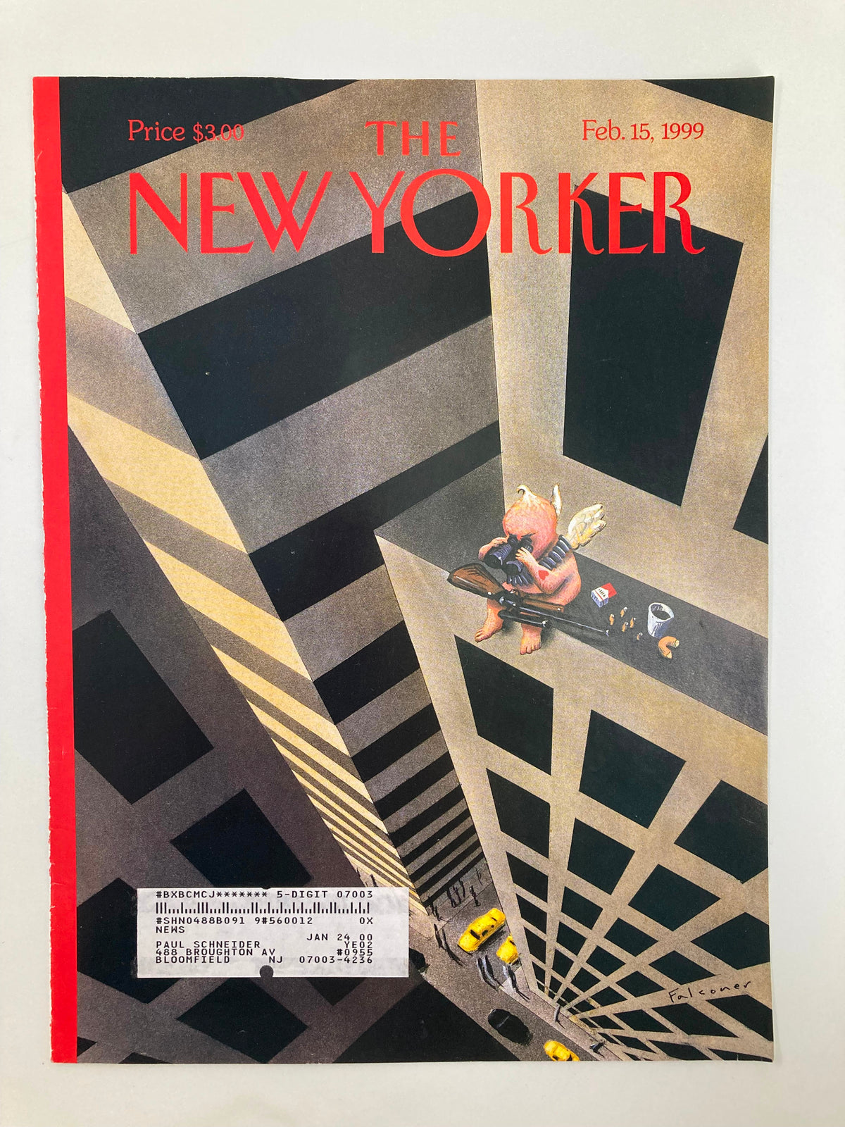 Cover of The New Yorker, February 15, 1999, titled 'Heart Attack' by Ian Falconer, showcasing a detailed illustration of a whimsical character set against a geometric cityscape.