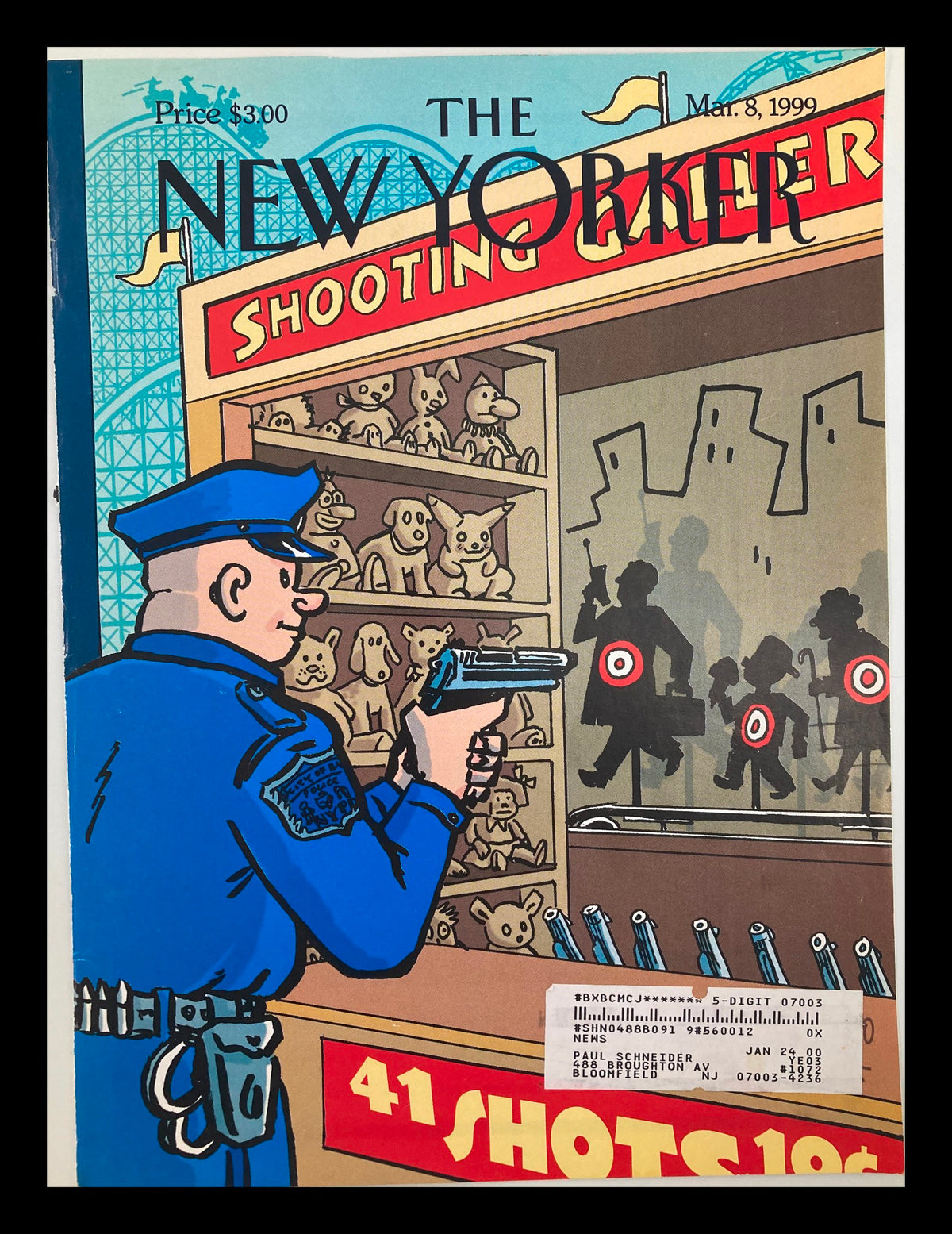 COVER ONLY The New Yorker March 8 1999 41 Shots 10 Cents by Art Spiegelman, showcasing a police officer aiming a gun at a shooting gallery filled with stuffed animals, featuring vibrant colors and commentary on societal themes.