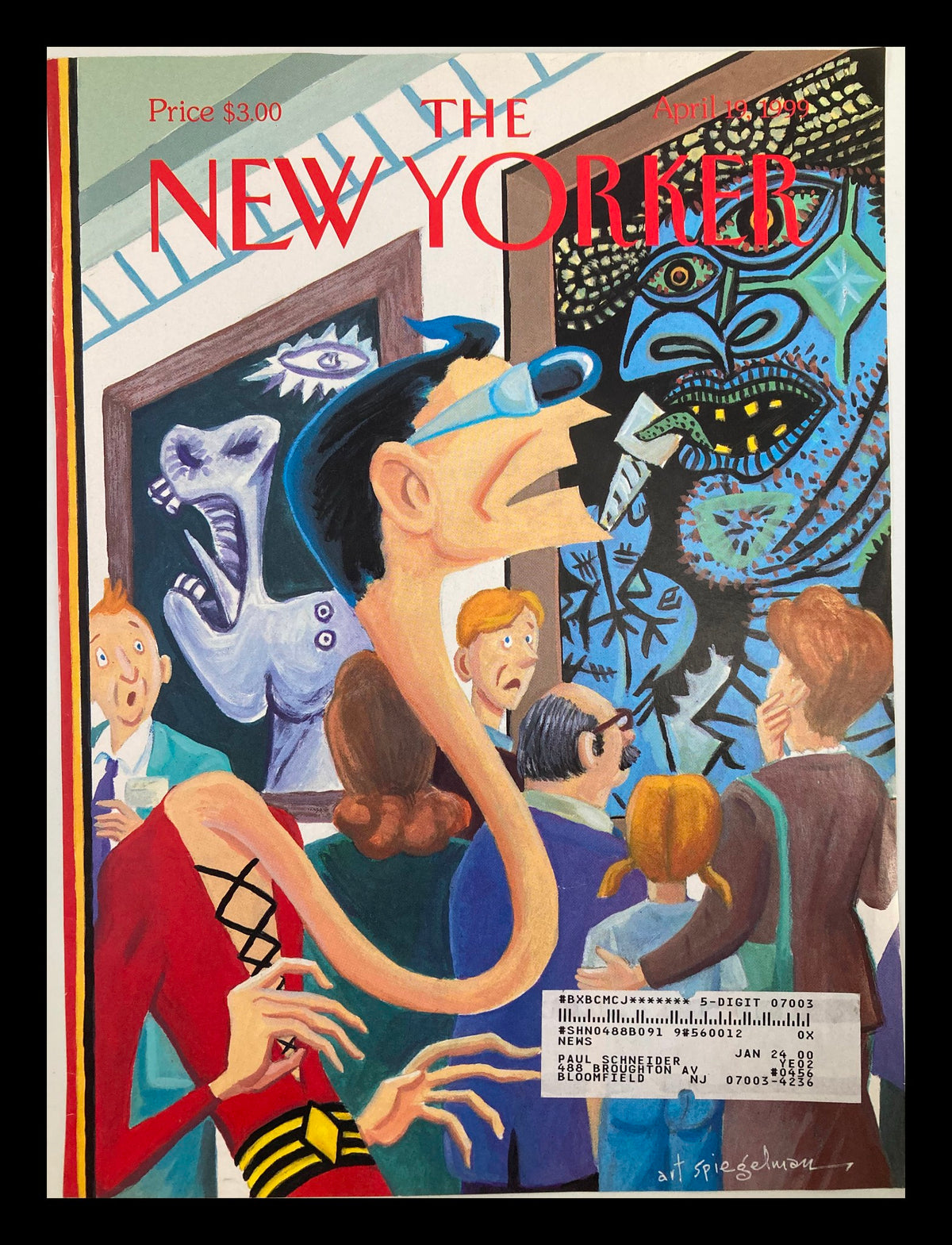 Cover of The New Yorker, April 19, 1999, featuring art by Art Spiegelman, showcasing a vibrant art gallery scene with characters admiring artwork.