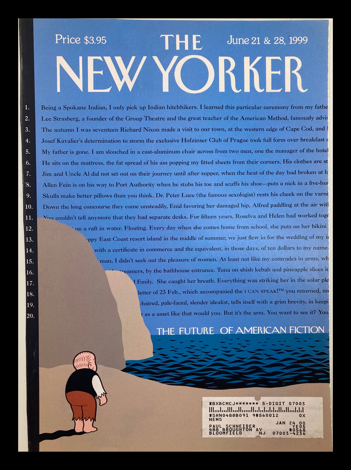 Cover of The New Yorker magazine from June 21, 1999, featuring artwork by Chipp Kid, highlighting 21st-century writers. The design captures the essence of late 90s literature with images reflecting the theme 'The Future of American Fiction,' ideal for vintage magazine collectors.