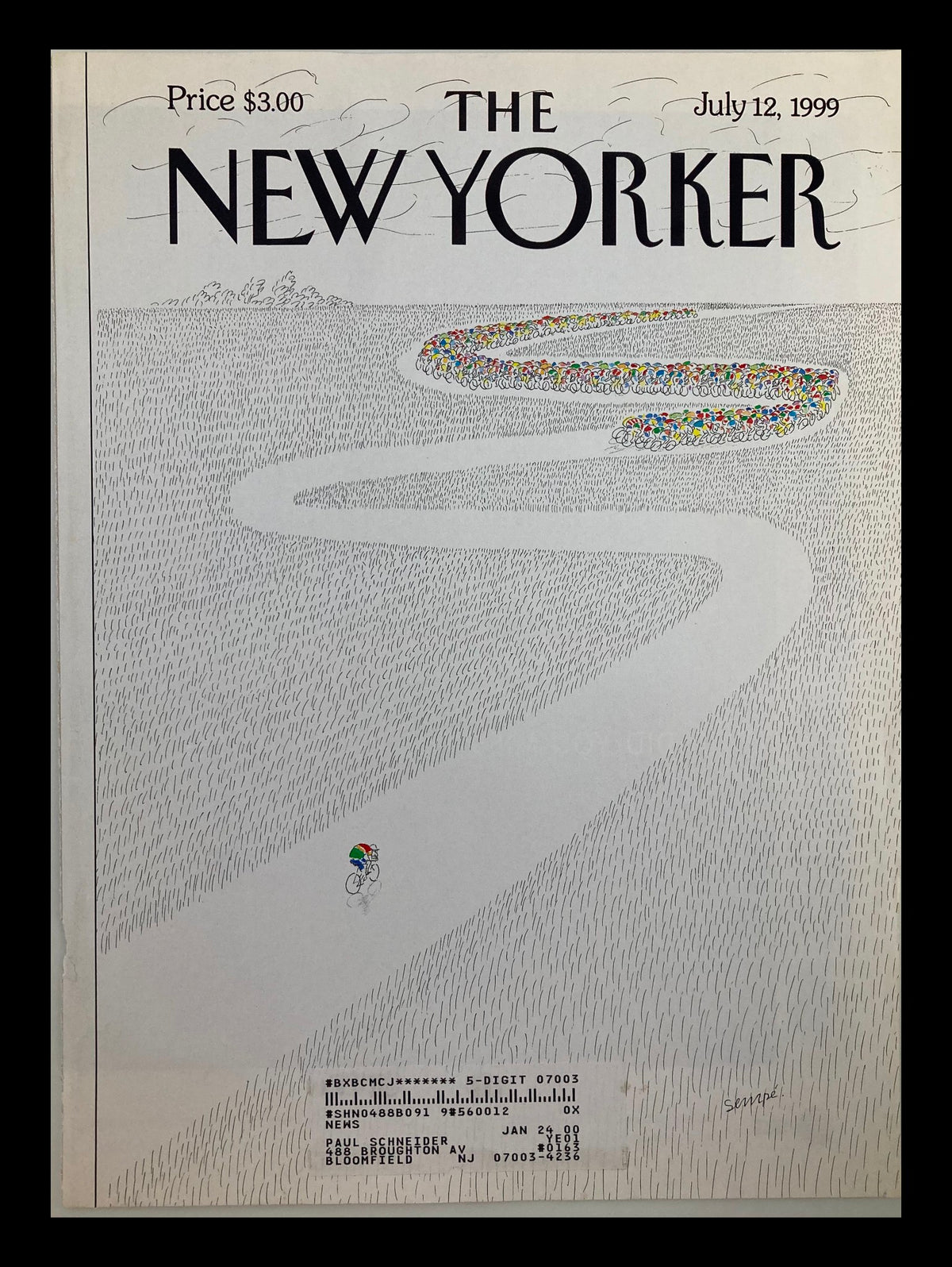 Cover of The New Yorker July 12, 1999 featuring Tour de France illustration by Jean-Jacques Sempe, depicting a scenic winding road with cyclists and vibrant colors against a minimalist background.
