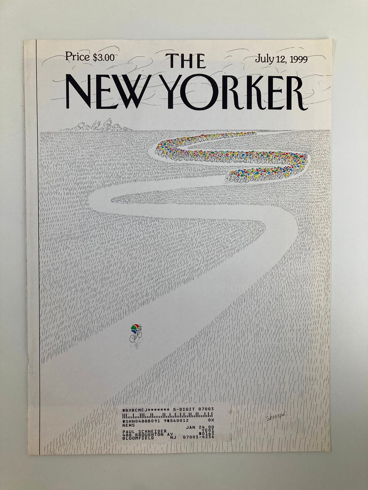 The New Yorker July 12, 1999 magazine cover showcasing Tour de France art by Jean-Jacques Sempe, illustrating a lone cyclist on a winding path, surrounded by colorful biking crowds in a serene landscape.