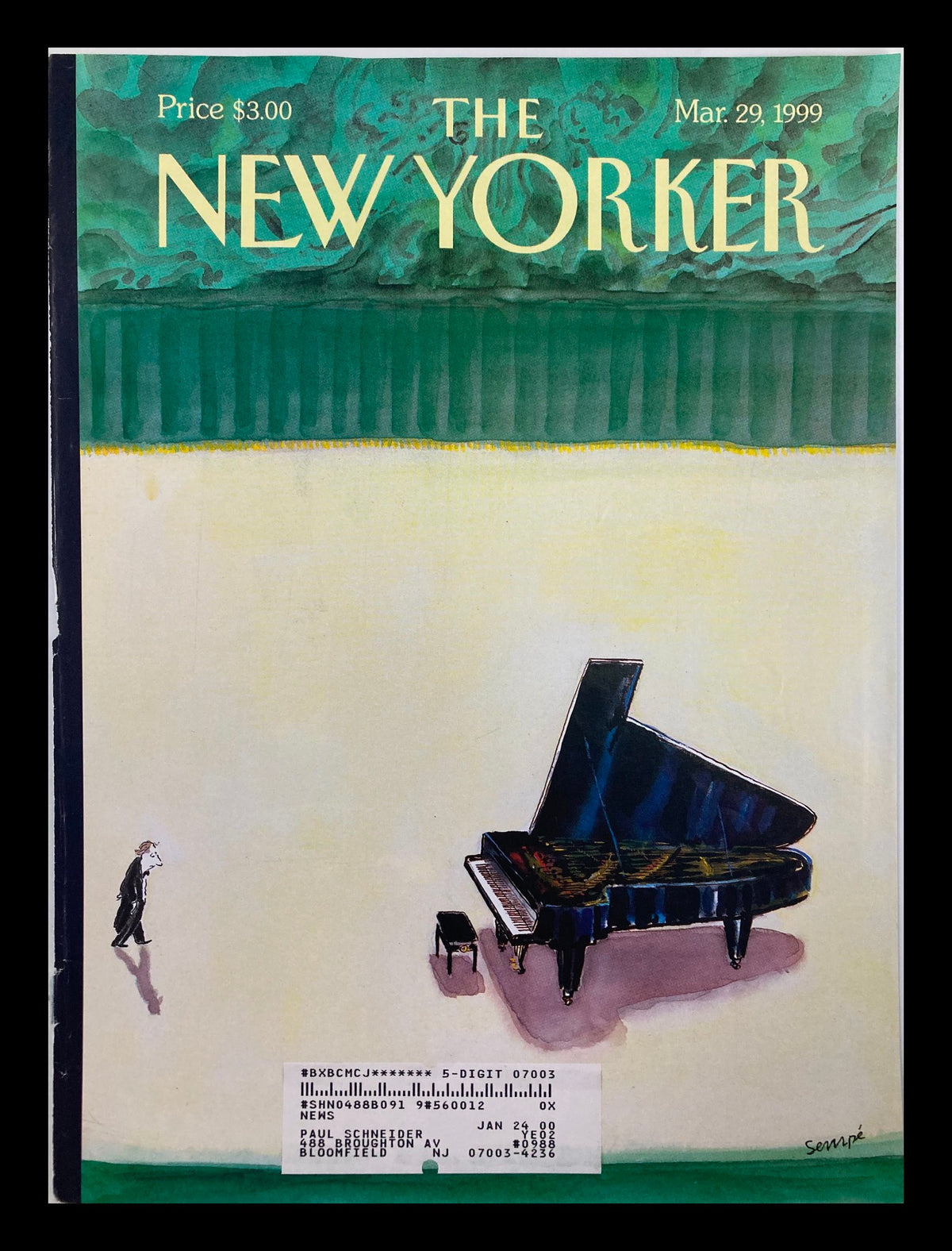 Cover of The New Yorker, March 29, 1999, titled 'Slight Anxiety' by Jean-Jacques Sempe, featuring an illustration of a grand piano and a figure in a whimsical setting.