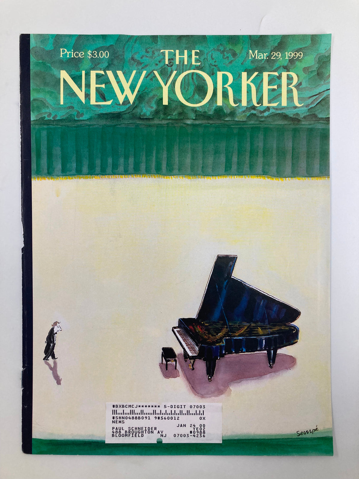 Cover of The New Yorker, March 29, 1999, titled 'Slight Anxiety' by Jean-Jacques Sempe, depicting a piano with a lone figure, showcasing a blend of colors and a serene atmosphere.