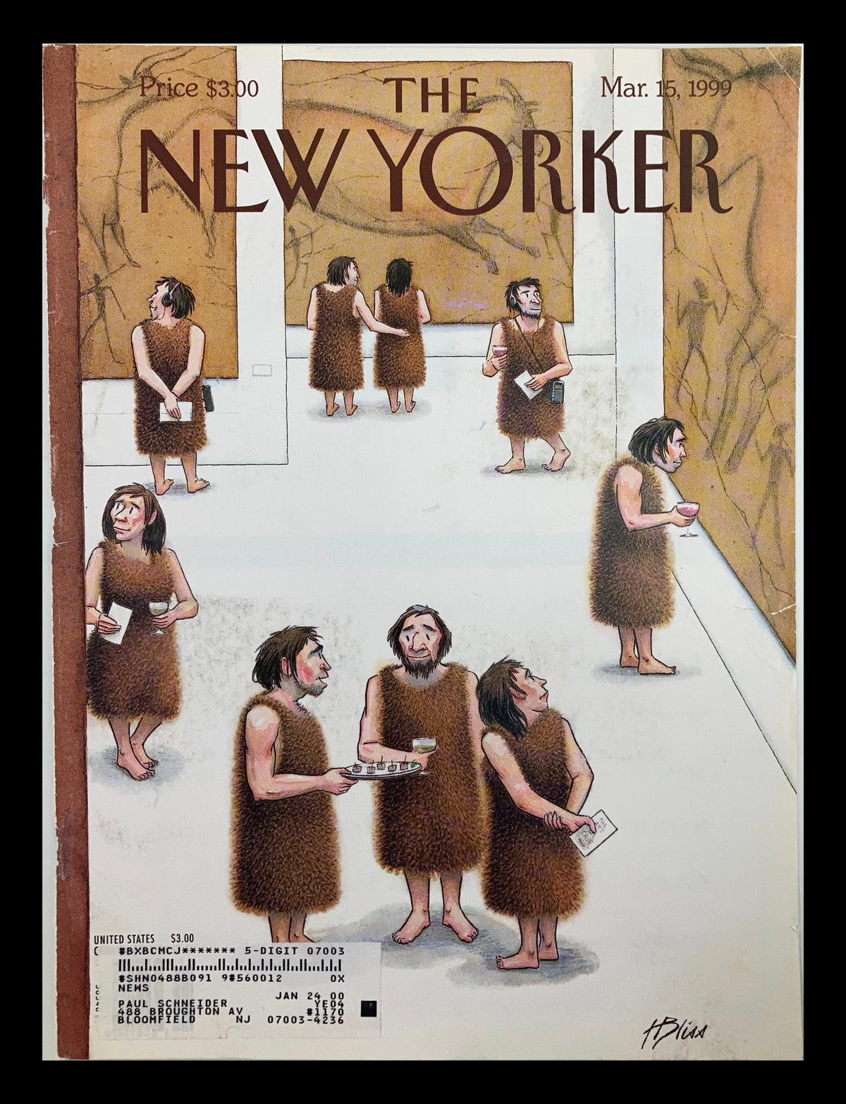 COVER ONLY The New Yorker March 15 1999 featuring an illustration by Harry Bliss, depicting cavemen inside an art gallery, showcasing prehistoric cave drawings.