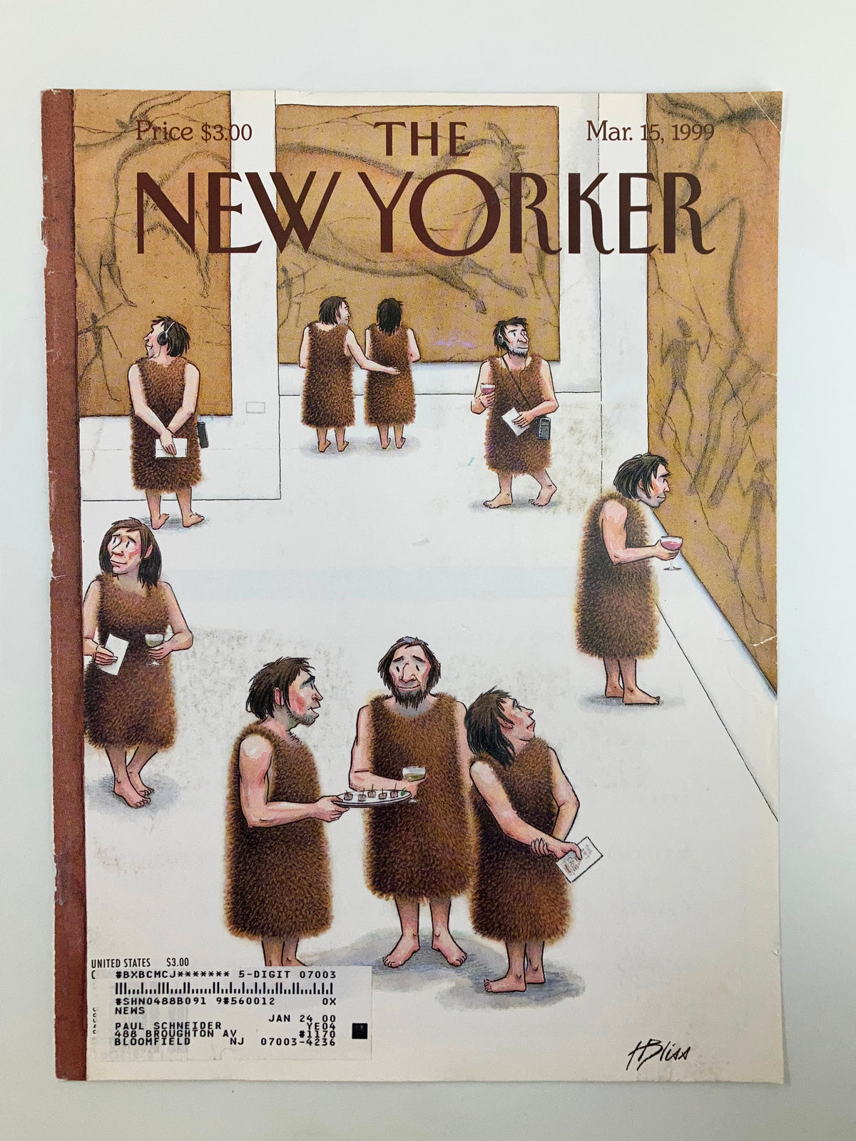 COVER ONLY The New Yorker March 15 1999 with Harry Bliss's illustration, showing cavemen interacting in an art gallery, observing ancient cave paintings.
