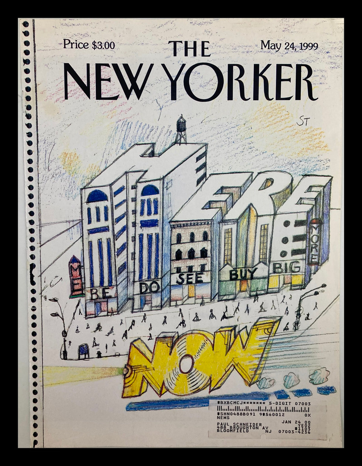 Cover of The New Yorker dated May 24, 1999, titled 'Here Now' by Saul Steinberg featuring colorful illustrations and typography.
