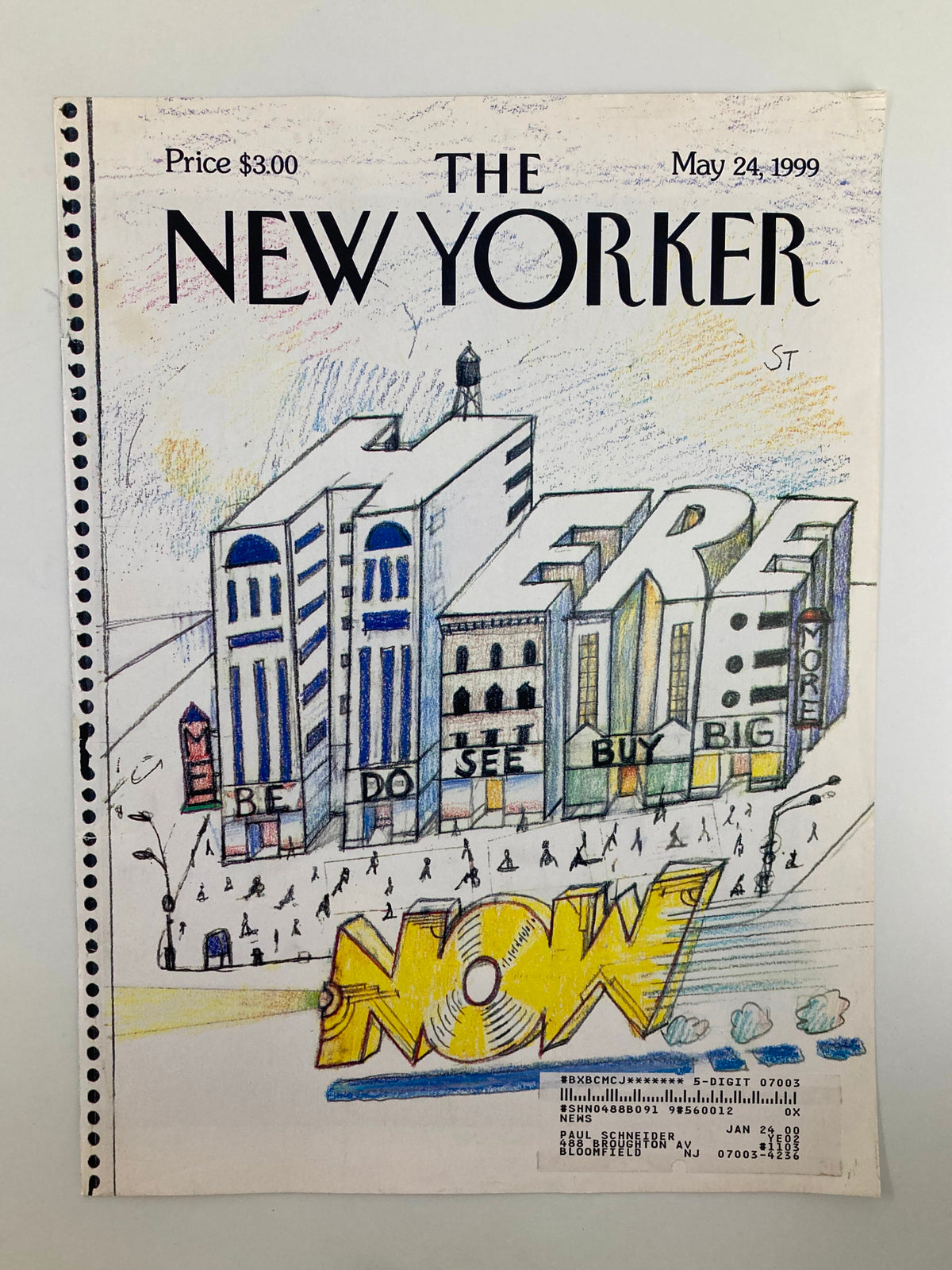 Cover of The New Yorker from May 24, 1999, showing 'Here Now' by Saul Steinberg, with a vibrant artistic design and cityscape elements.