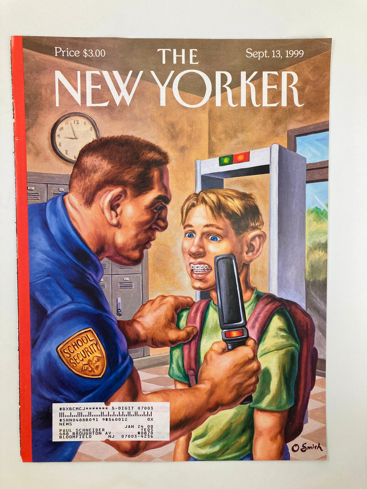 Cover of The New Yorker dated September 13, 1999 titled 'Brace Yourself' by Owen Smith, featuring an illustration of a school security officer using a metal detector on a young student with braces.