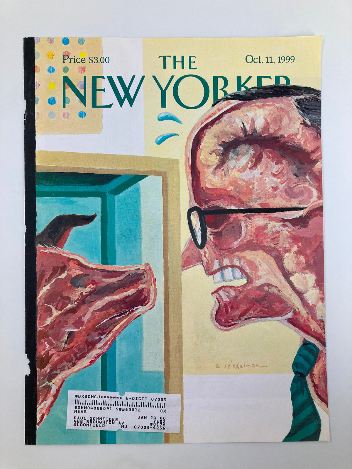 The New Yorker October 11, 1999 cover titled 'Open-Minded Mayor' by Art Spiegelman showcasing vivid illustrations of a man's exaggerated emotions while interacting with a stylized animal.