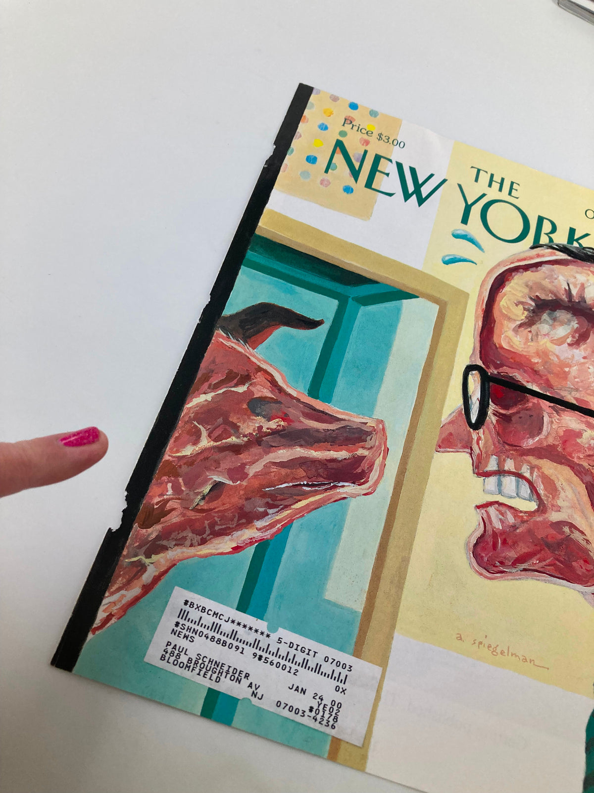 Detail of The New Yorker cover from October 11, 1999, titled 'Open-Minded Mayor' by Art Spiegelman, highlighting the interaction between a man wearing glasses and an animal with distinct features.