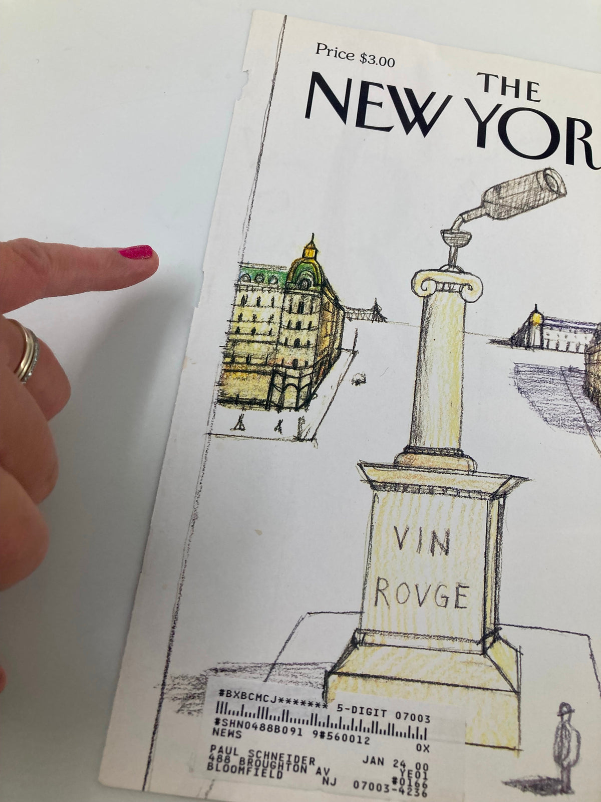 Close-up view of The New Yorker cover from August 16, 1999, highlighting the details of the 'VIN ROUGE' column and the surrounding sketch,