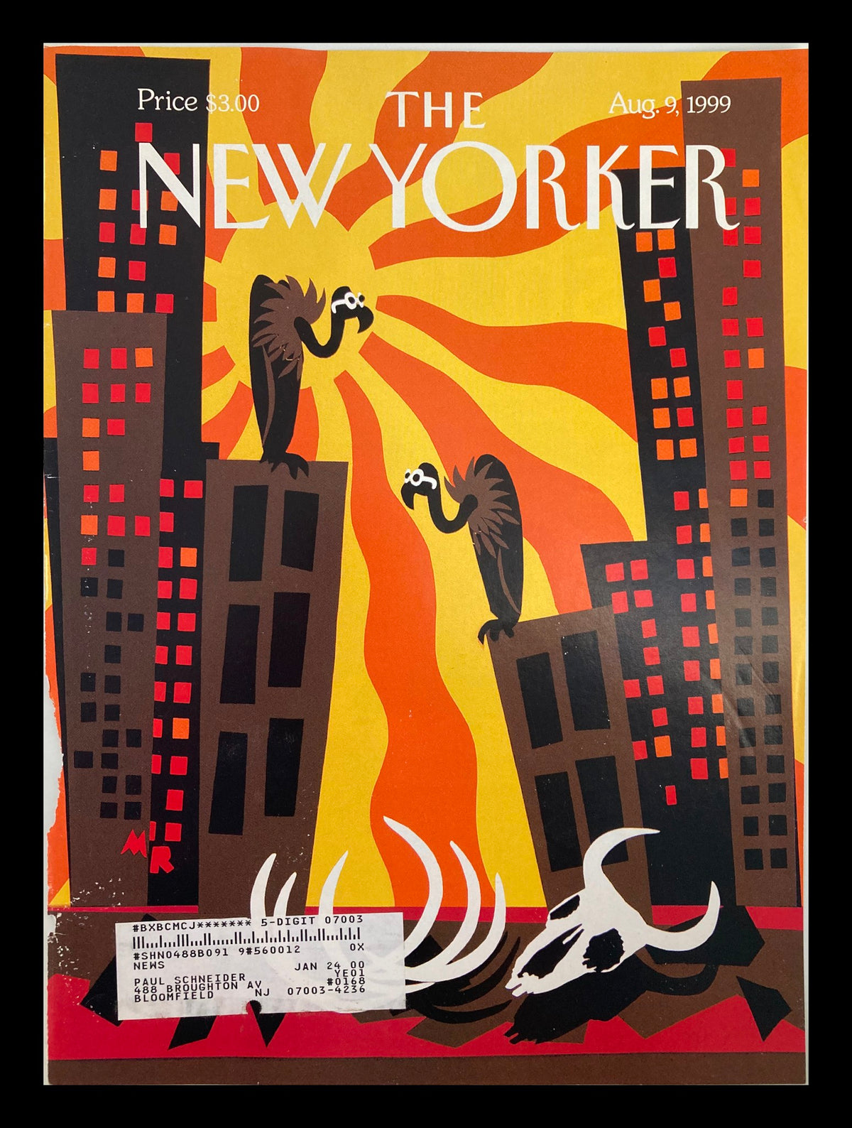 Cover of The New Yorker, August 9, 1999, titled 'Heat Wave' featuring a vibrant illustration of vultures on skyscrapers against a fiery background by artist Michael Roberts. This eye-catching vintage magazine cover is perfect for collectors and art enthusiasts.