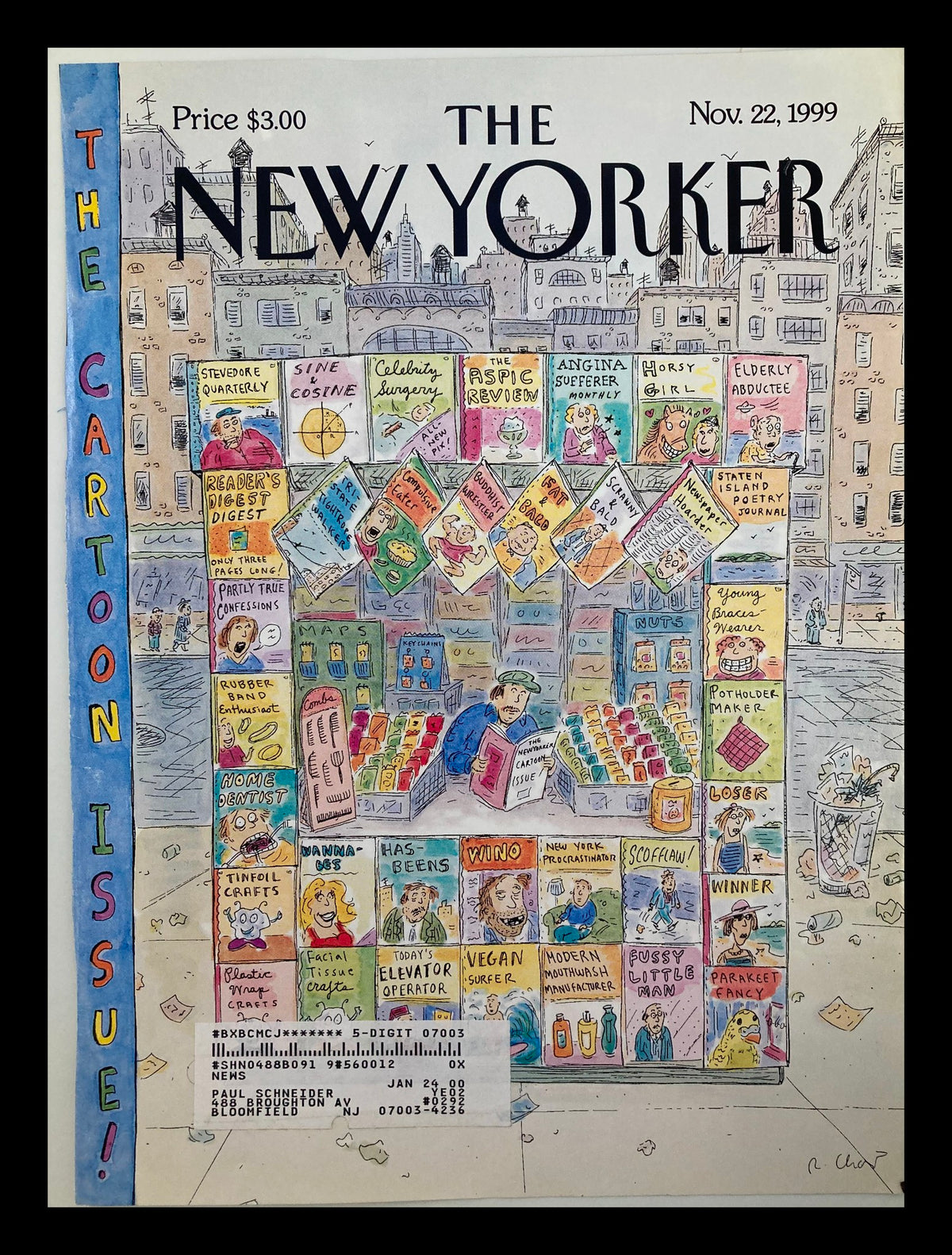 Cover of The New Yorker dated November 22, 1999, featuring whimsical illustrations by Roz Chast titled 'Something for Everyone'. The artwork depicts an array of magazines and humorous characters set against an urban backdrop.