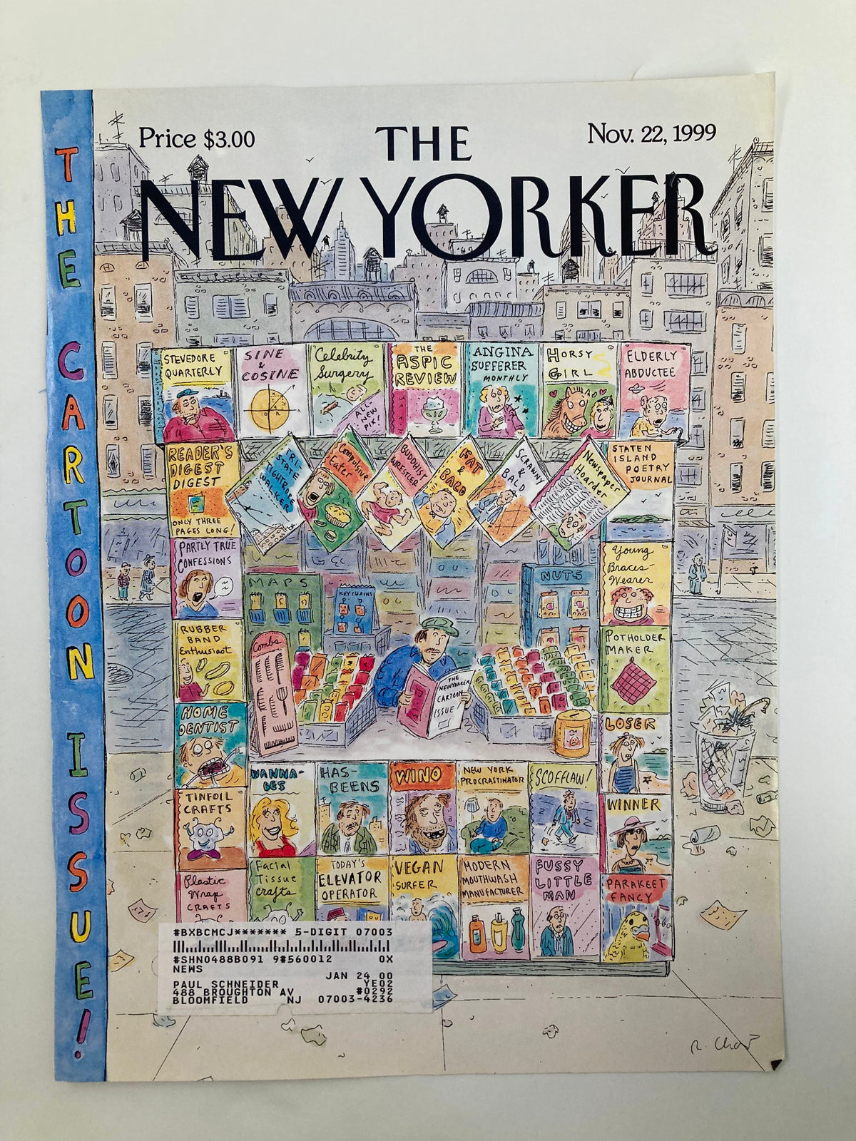The New Yorker cover for November 22, 1999, illustrated by Roz Chast with the theme 'Something for Everyone'. The cover showcases colorful magazine titles and quirky characters in a lively street scene.