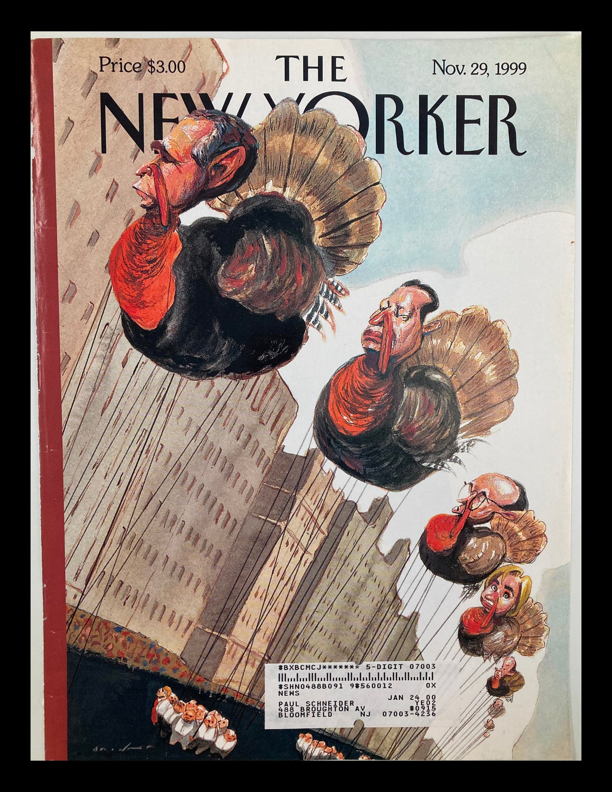 COVER ONLY The New Yorker November 29, 1999 Turkey Day by Steve Brodner, featuring whimsical balloon turkey caricatures in a cityscape backdrop.