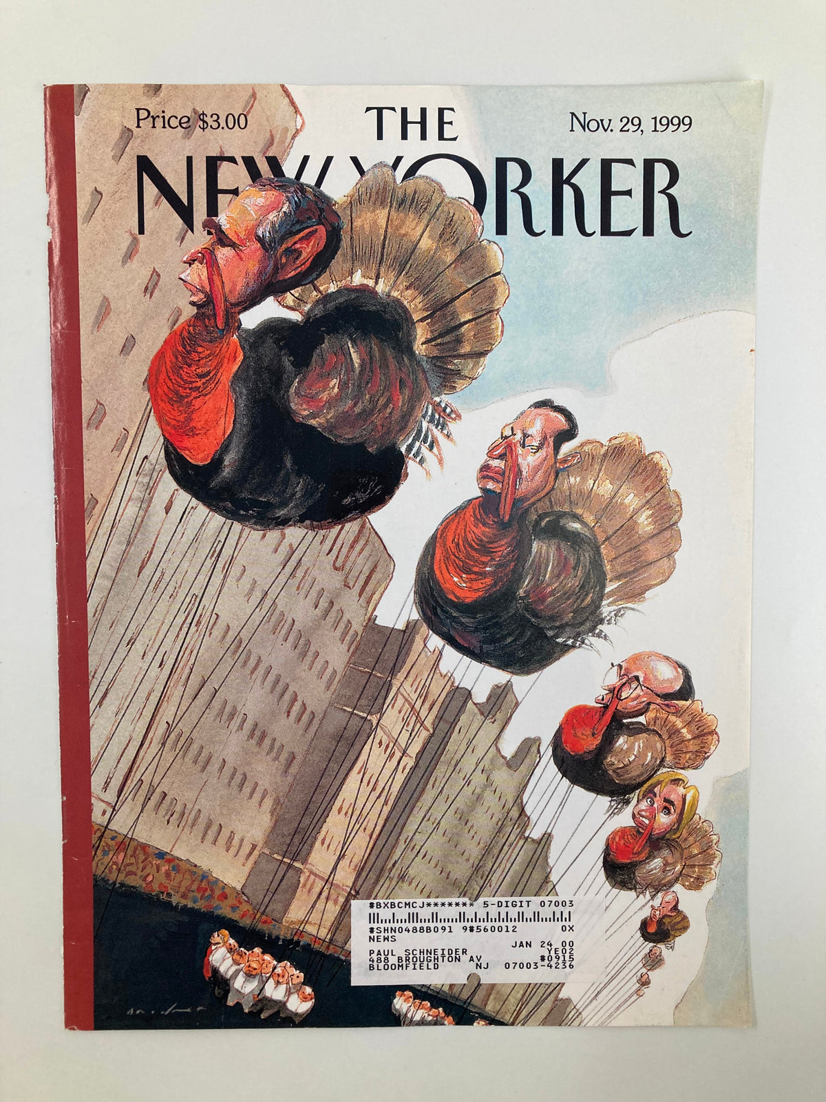 COVER ONLY The New Yorker November 29, 1999 Turkey Day by Steve Brodner, showcasing cartoonish turkey figures floating over city buildings.