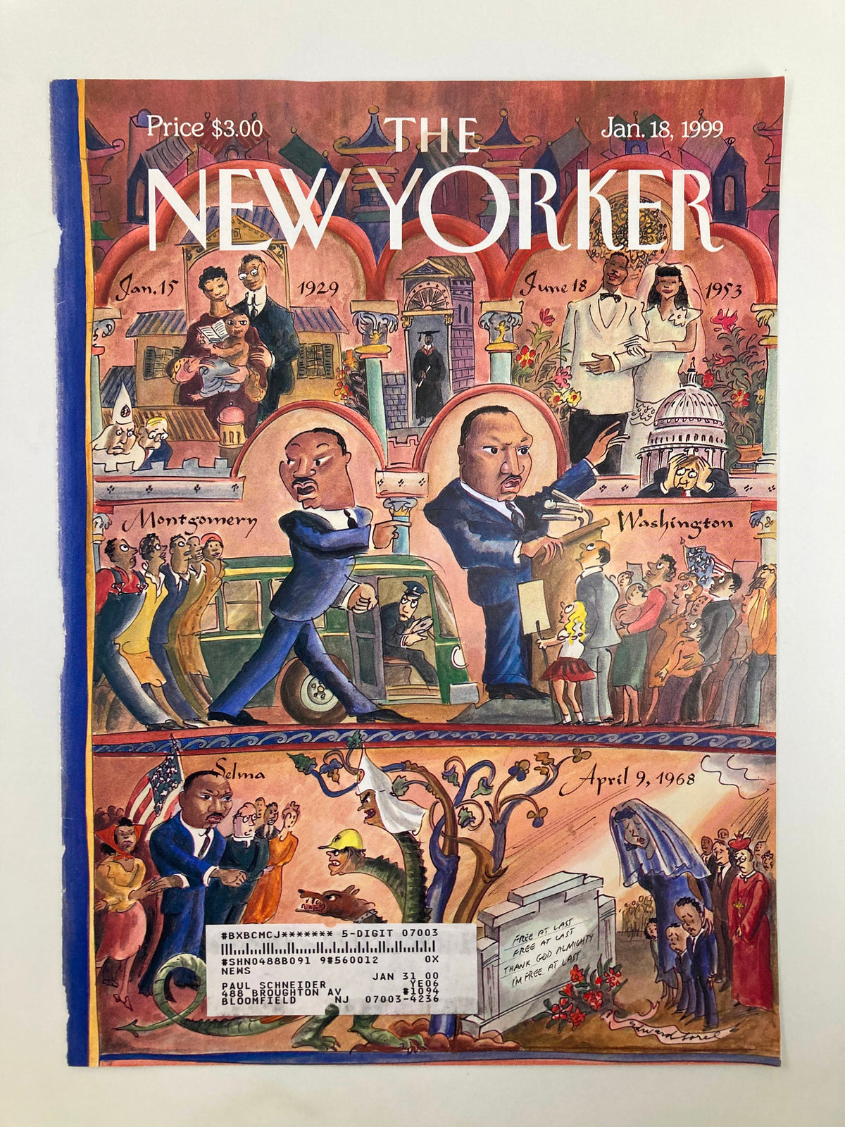 The New Yorker cover from January 18, 1999, showcasing illustrations related to Martin Luther King Jr. by E. Sorel, with dates and events in the background.