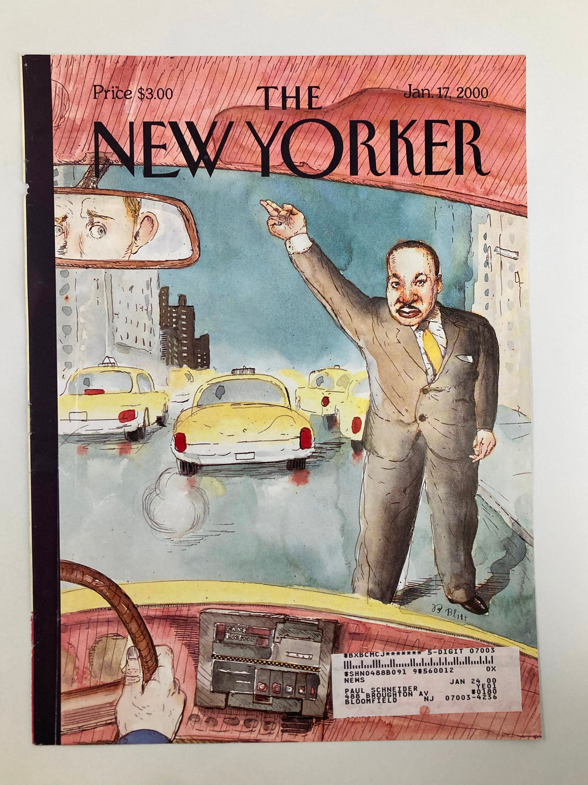 Cover of The New Yorker January 17, 2000, illustrating Martin Luther King Jr. in a yellow cab, signaling amid a city scene filled with taxis, created by Barry Blitt, capturing a moment of urgency and expression.