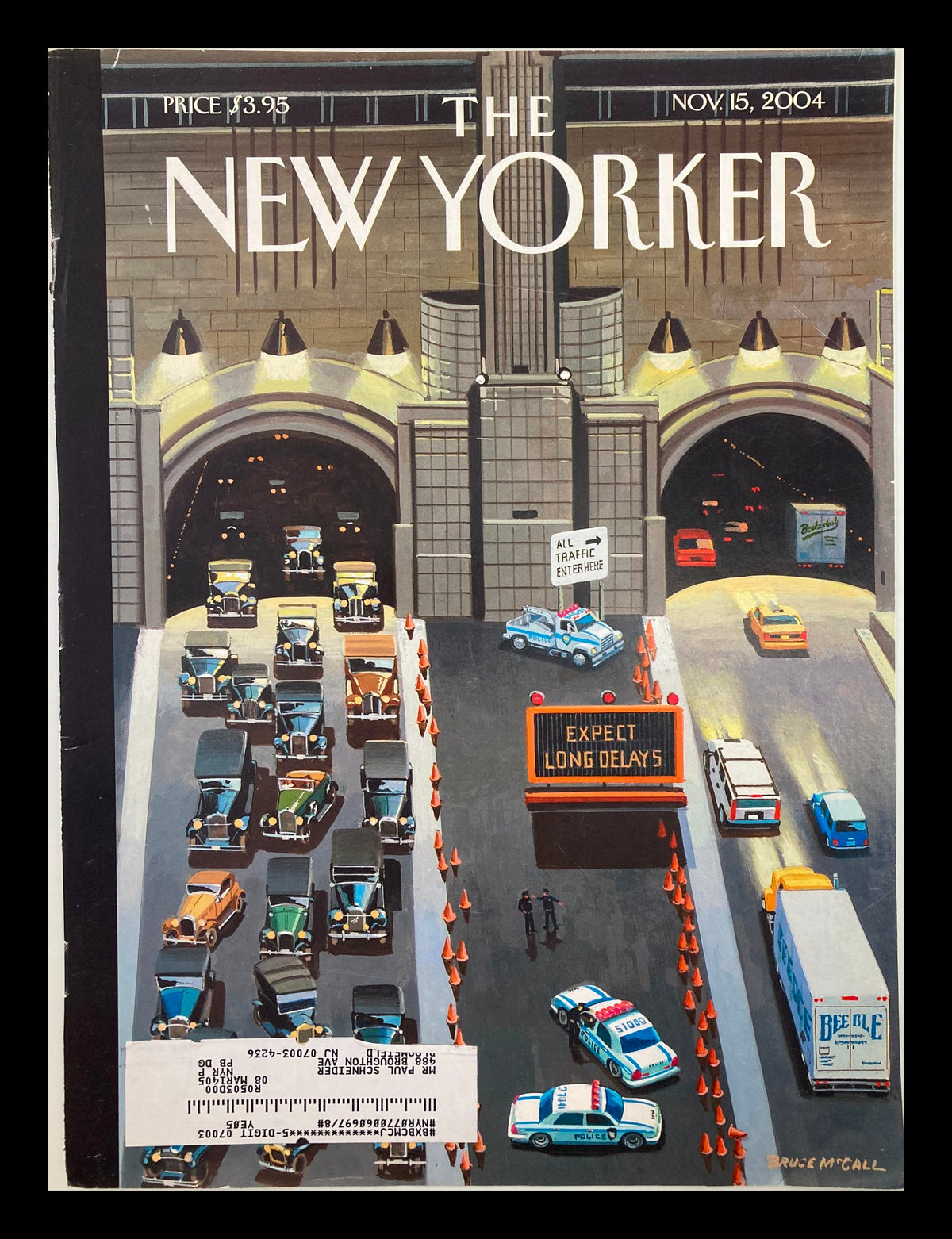 Cover of The New Yorker November 15, 2004 titled 'Expect Long Delays' by Bruce McCall, depicting a traffic scene with vehicles and construction barriers.