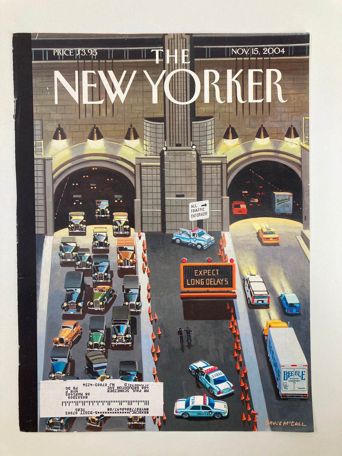 Cover of The New Yorker November 15, 2004 featuring 'Expect Long Delays' artwork by Bruce McCall, illustrating a busy roadway with cars and police presence.