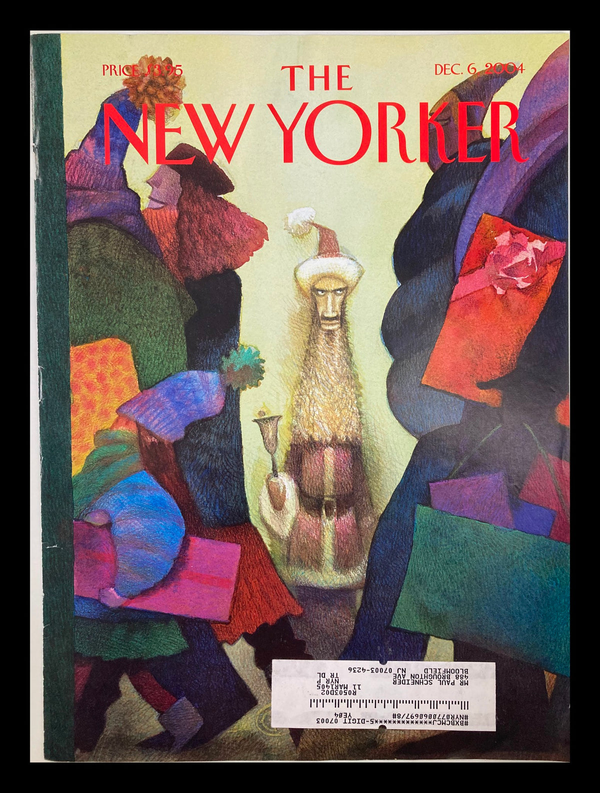 Cover only edition of The New Yorker dated December 6, 2004, featuring a unique illustration depicting a creature with a Santa hat amidst colorful shopping bags, capturing the festive yet chaotic atmosphere of the holiday season.