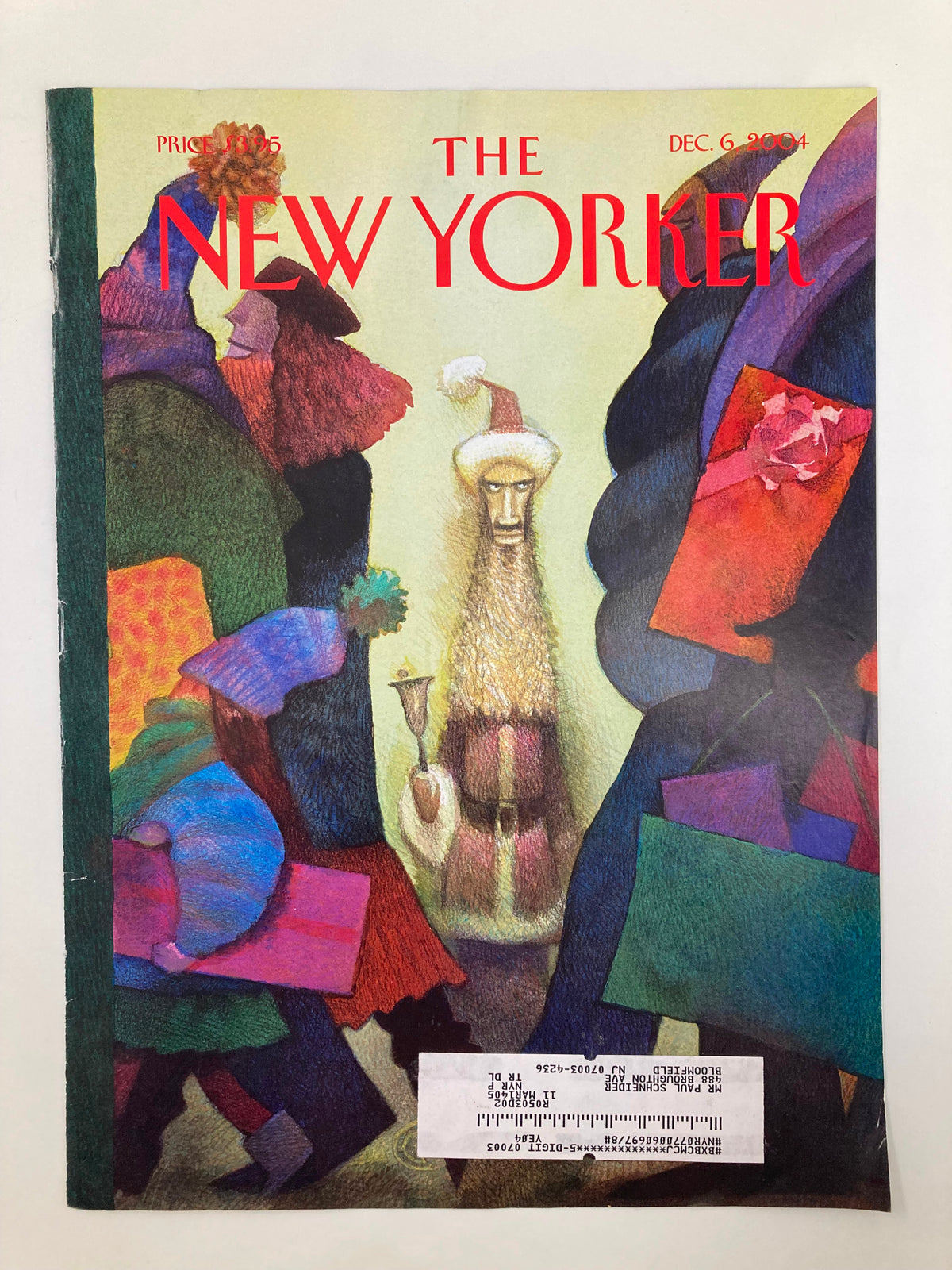 Cover only edition of The New Yorker dated December 6, 2004, showcasing a whimsical illustration of a creature in a Santa hat surrounded by vibrant shopping bags, representing the holiday spirit and the hustle of the season.
