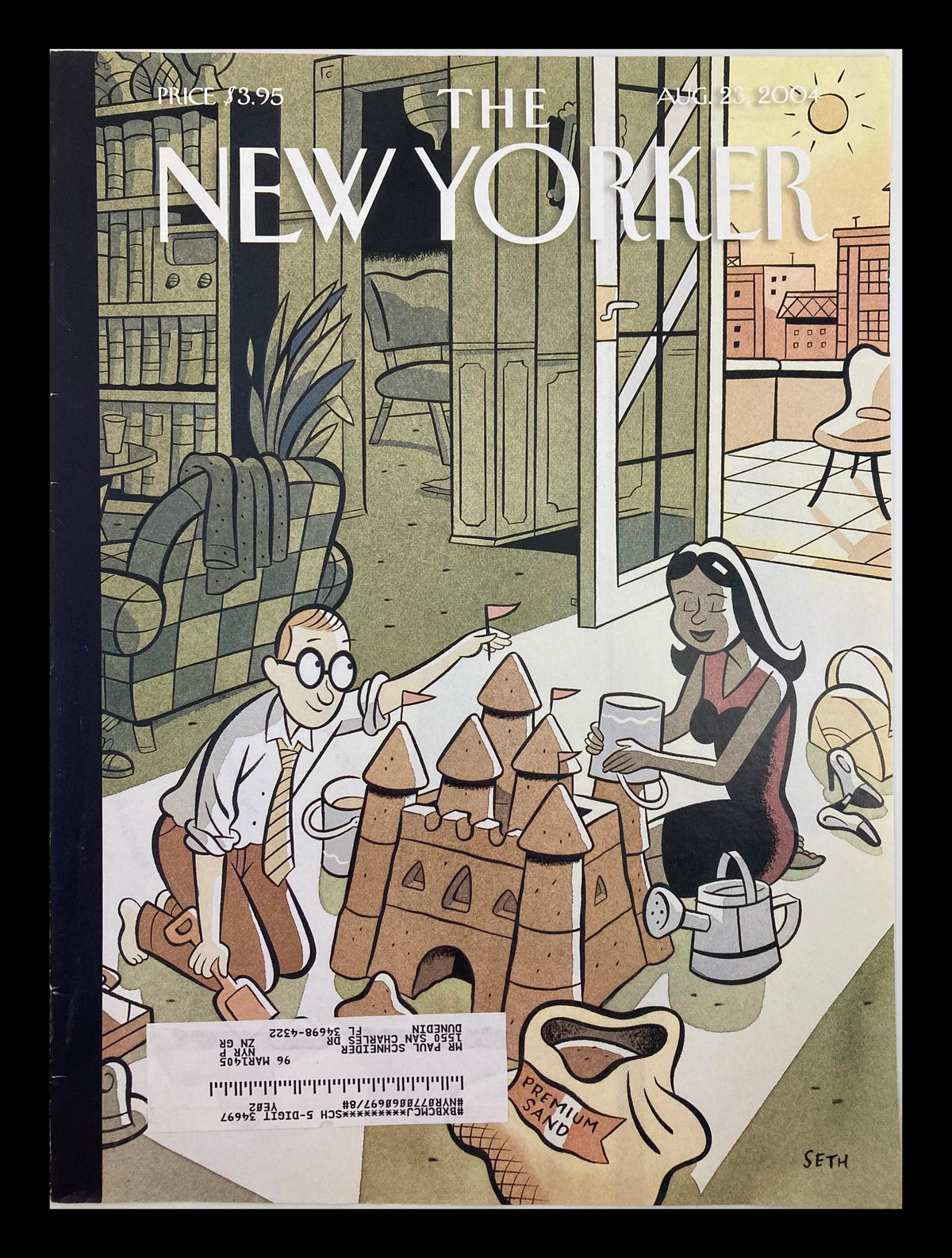 The New Yorker August 23 2004 Dream Vacation cover featuring a whimsical illustration by Seth, depicting a man and a woman playing with sandcastles in an outdoor setting.