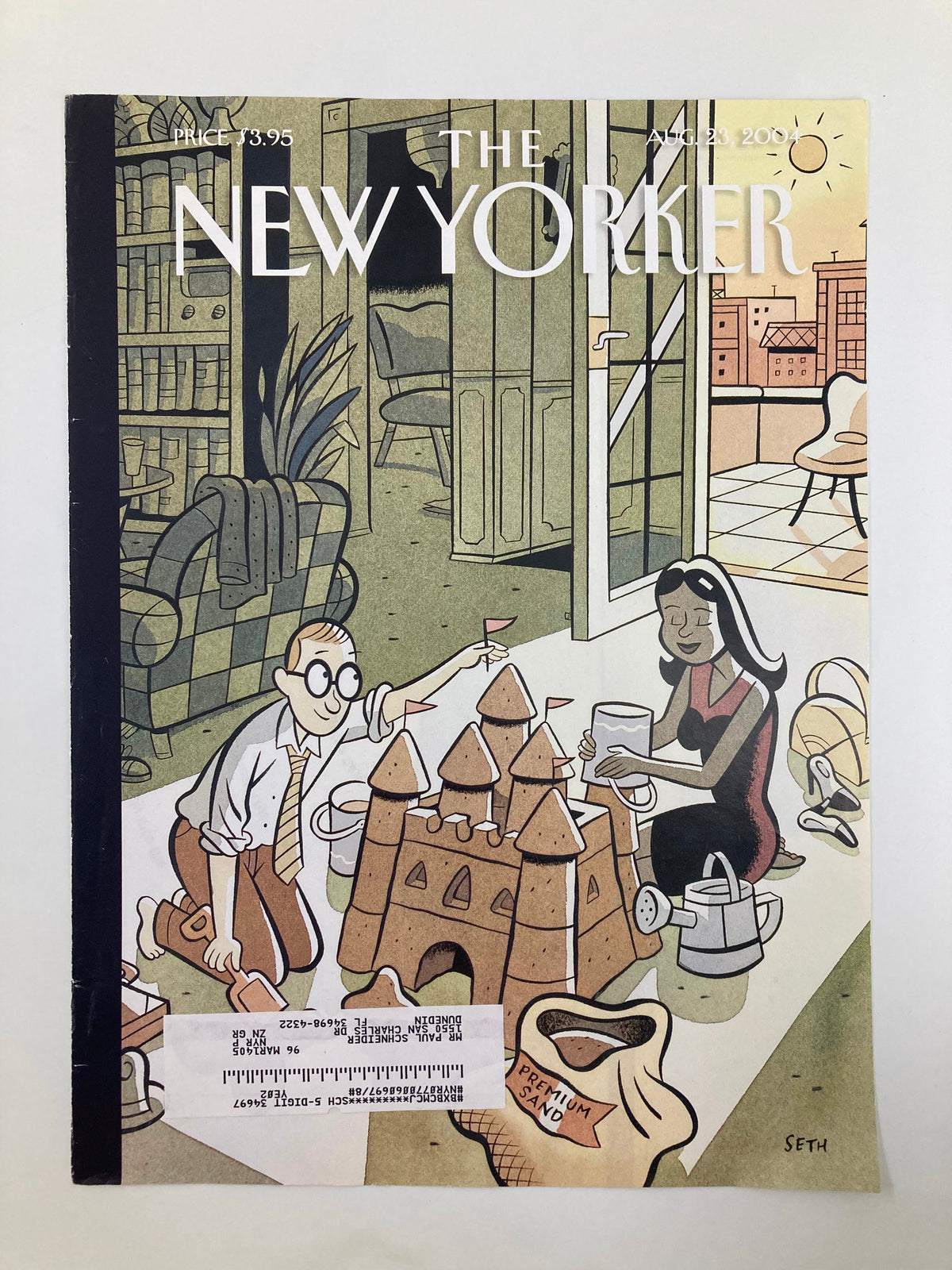 The New Yorker August 23 2004 Dream Vacation cover by Seth, showcasing a playful scene of a man and woman building sandcastles, set in a sunny outdoor environment.