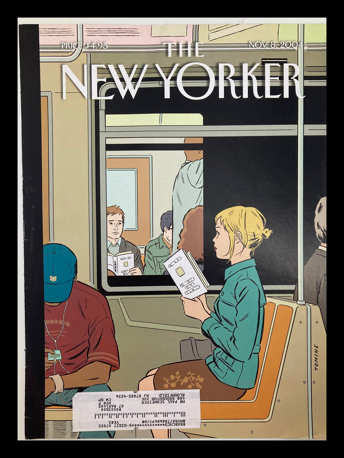 Cover of The New Yorker dated November 8, 2004, featuring an illustration by Adrian Tomine depicting a scene on a train with a woman reading a book, showcasing themes of love and literature.