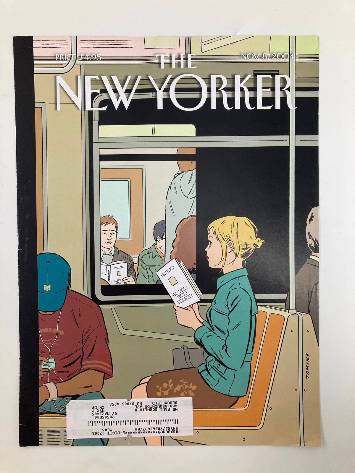 COVER ONLY The New Yorker November 8 2004 featuring an illustration by Adrian Tomine depicting a scene on a train, with a young woman reading and others in the background.