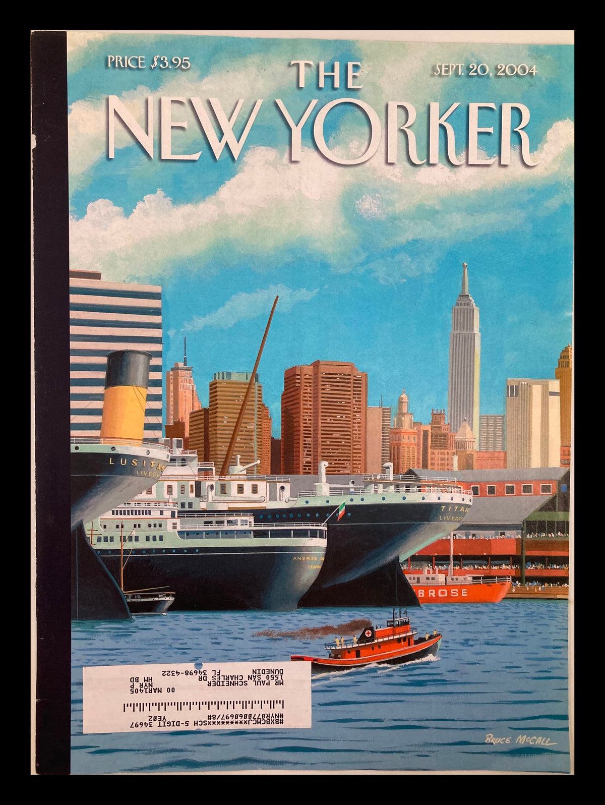 The New Yorker September 20 2004 Ghost Ships cover illustration by Bruce McCall showcasing a vibrant city skyline with boats in the foreground.