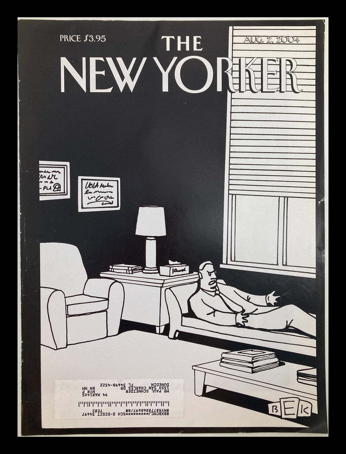 Cover of The New Yorker dated August 2, 2004 featuring an illustration titled 'A Psychologist On Duty' by Bruce E. Kaplan, depicting a man reclining on a couch in a modern living room setting.