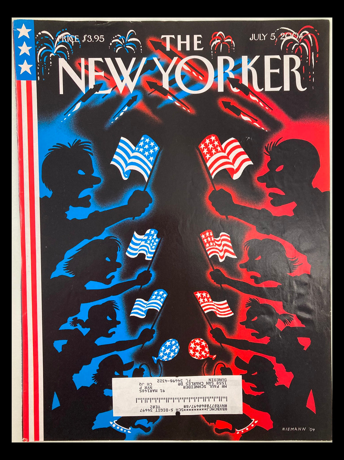 Cover only of The New Yorker July 5, 2004, featuring a striking illustration of the Declaration of Independence by C. Niemann, showcasing artistic representations of people holding American flags against a dramatic red and blue background.