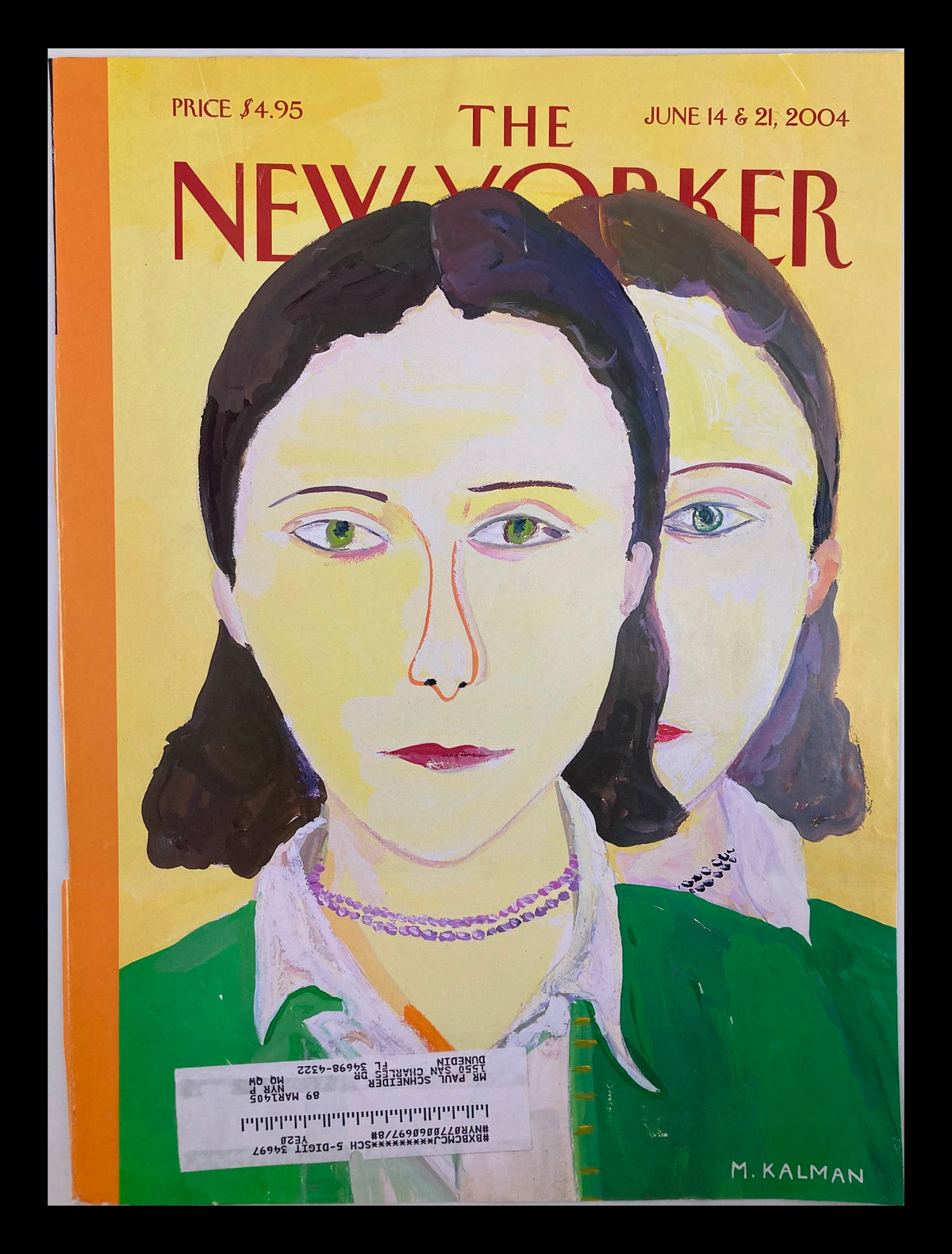 Cover art of The New Yorker from June 14, 2004, featuring a painted portrait of a woman with green eyes and brown hair by Maira Kalman, indicative of her unique artistic style.