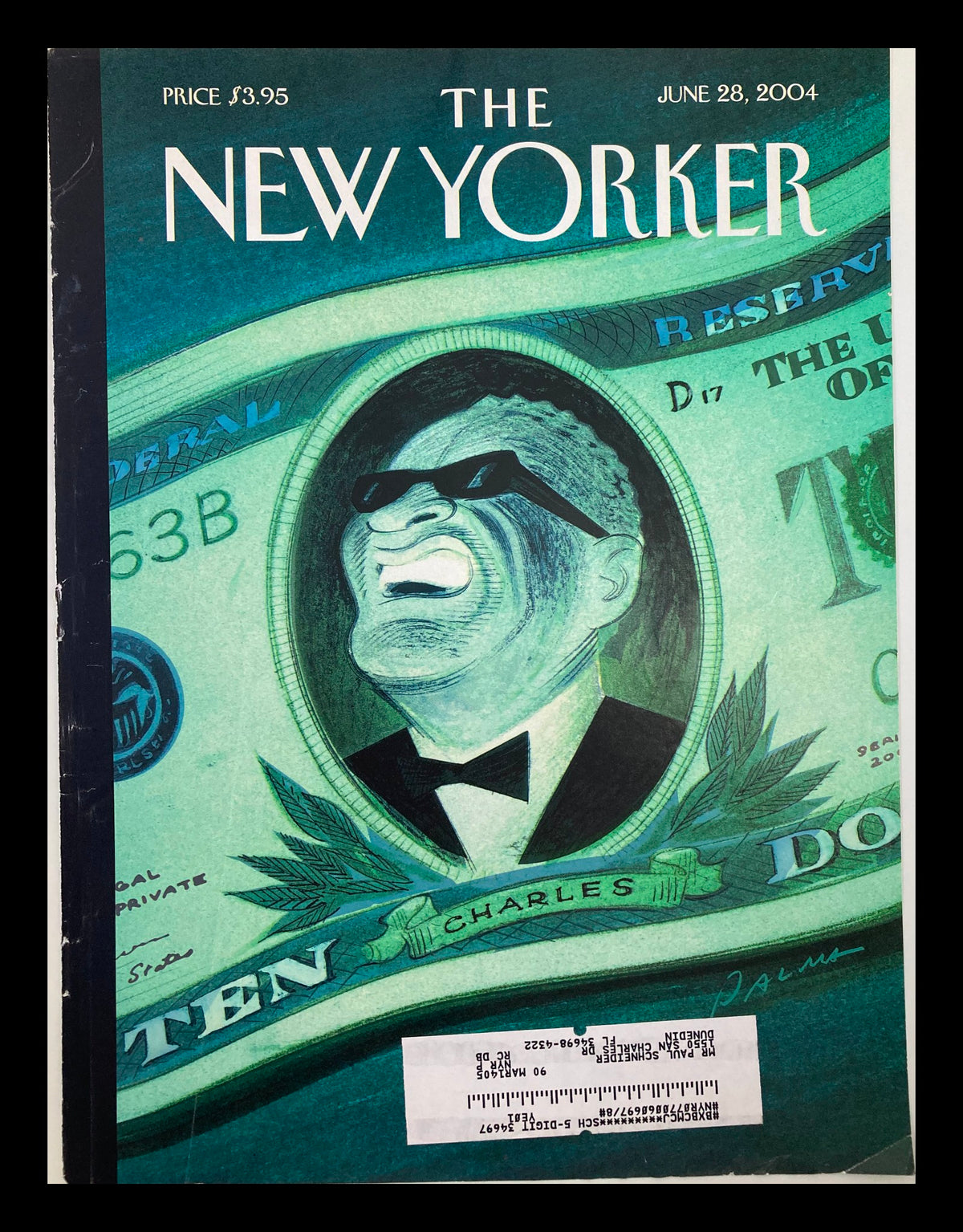 Cover of The New Yorker June 28 2004 titled 'Dogs of New York' featuring an artistic depiction of a man resembling a famous historical figure in front of a green dollar bill background.