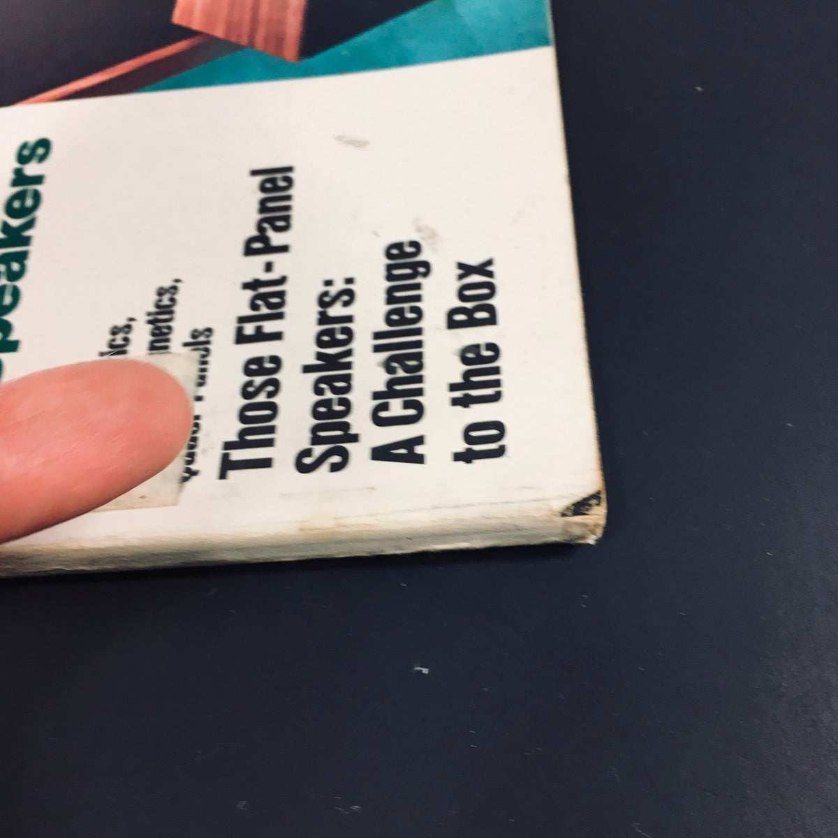 Back view of VTG High Fidelity Magazine June 1977 highlighting its condition with signs of age, including a focus on flat-panel speakers.