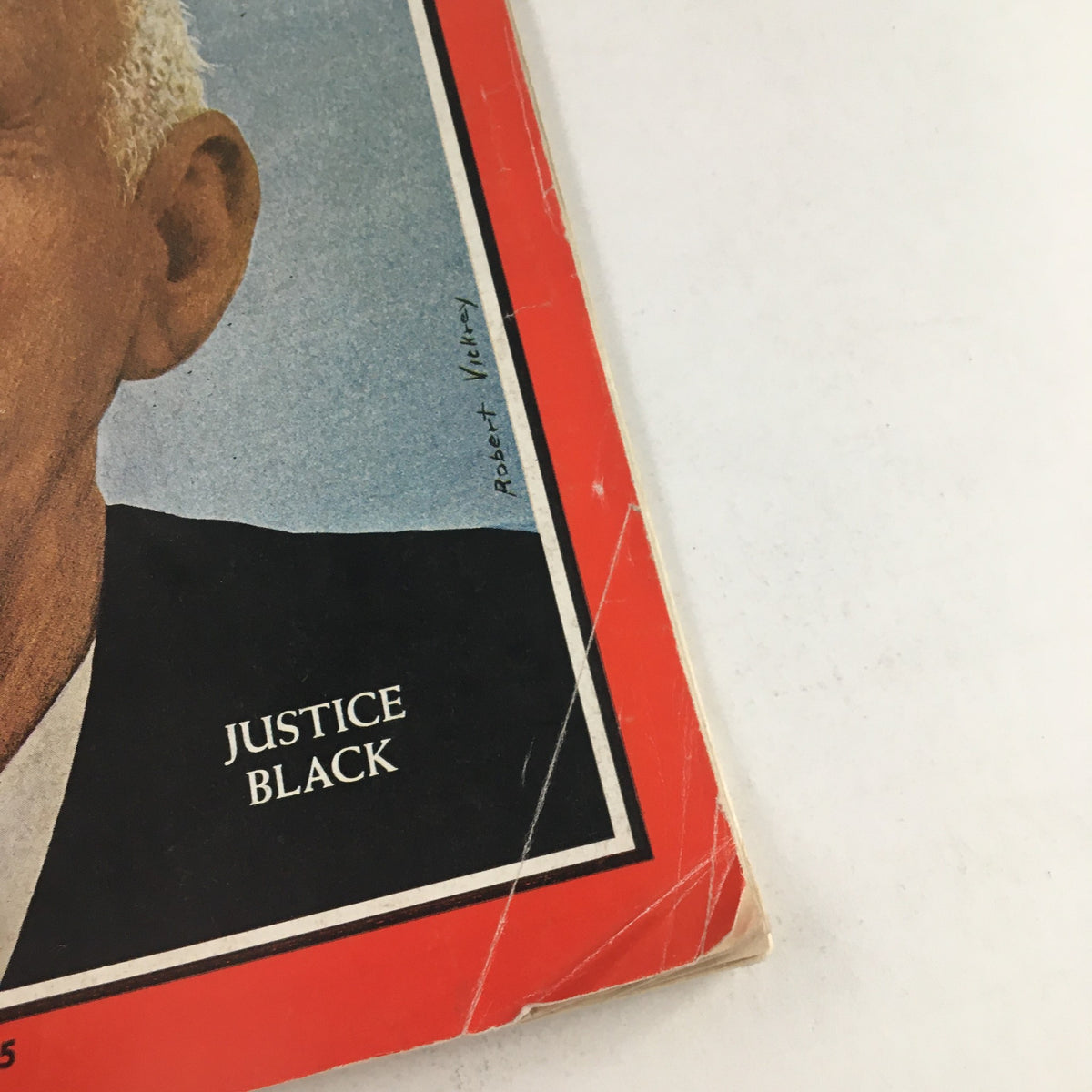 Detail of Time Magazine cover from October 9, 1964, showing the name 'Justice Black' and credits, with visible wear.