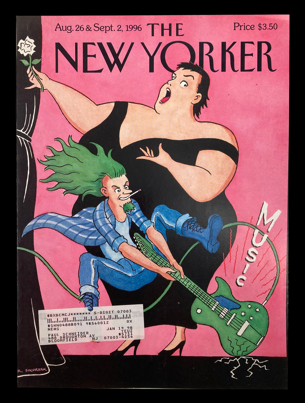 Cover of The New Yorker magazine from August 26 & September 2, 1996, featuring an illustration titled 'Duet' by Robert Sikoryak, showcasing a dramatic scene with a woman in a black dress, a green-haired musician playing a green guitar, and decorative elements like a rose and the word 'Music.'