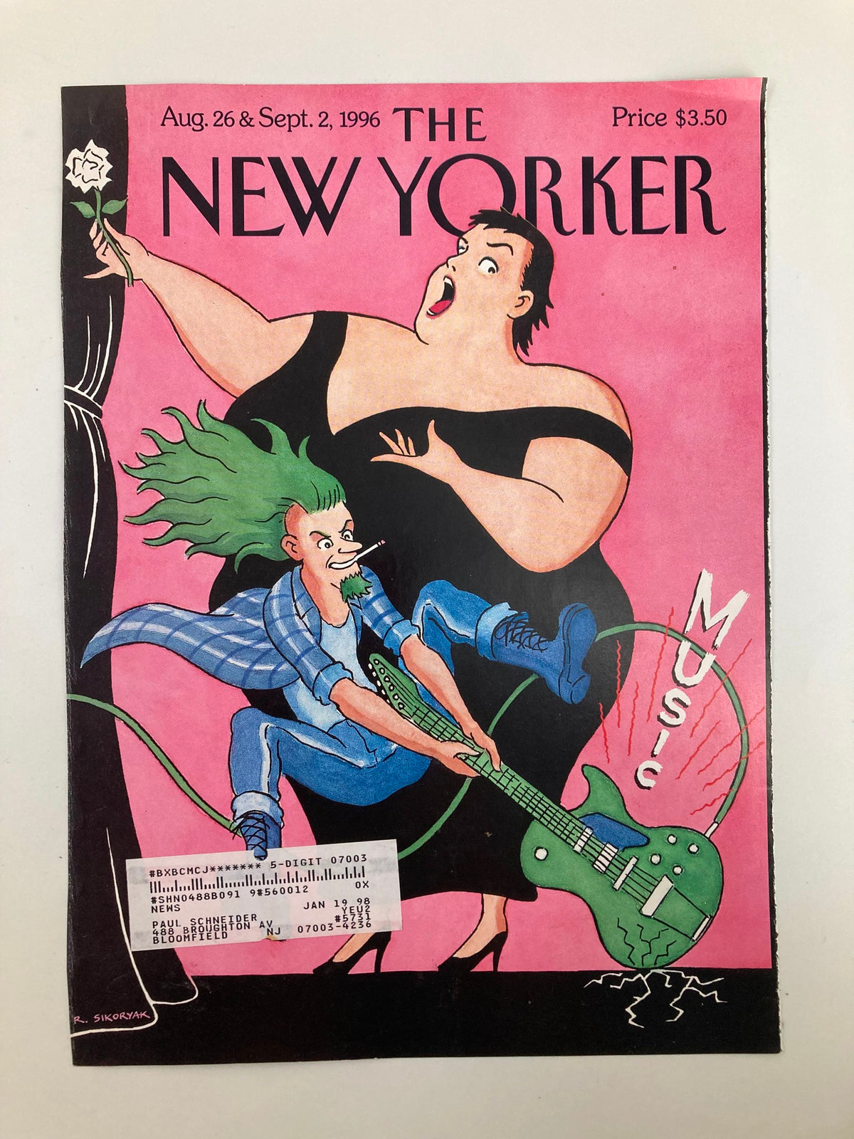 Cover of The New Yorker magazine, dated August 26 & September 2, 1996, featuring the illustration 'Duet' by Robert Sikoryak, depicting a whimsical scene with a woman in a black dress and a punk musician with green hair playing a guitar, highlighted with the word 'Music' in vibrant colors.