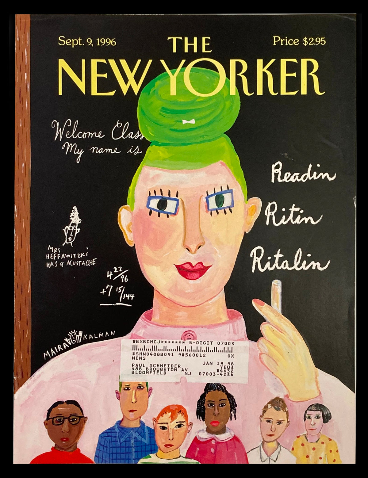 COVER ONLY The New Yorker September 9 1996 The Three Rs by Maira Kalman, featuring a colorful illustration of a woman with green hair and a pink blouse, surrounded by diverse children, showcasing a whimsical classroom theme.