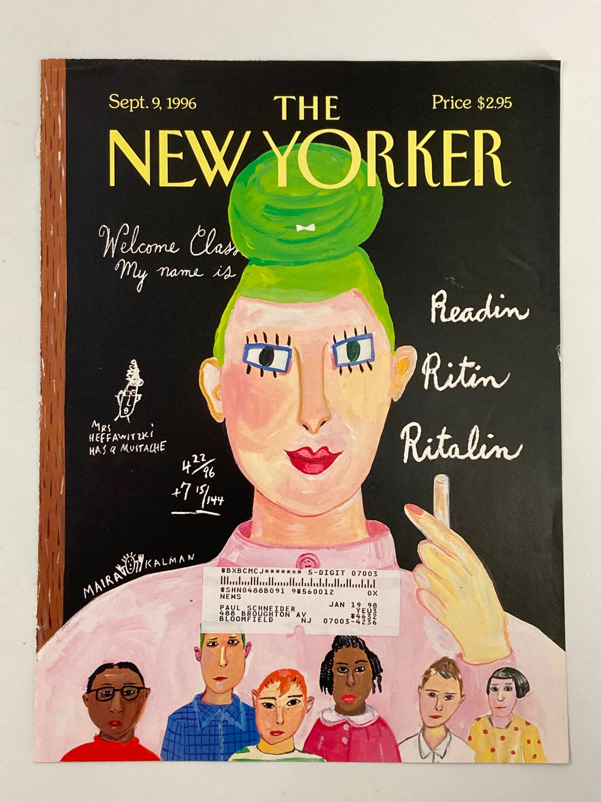 COVER ONLY The New Yorker September 9 1996 The Three Rs by Maira Kalman, depicting a vibrant classroom setting with a green-haired woman and children, highlighting themes of education and creativity in a unique artistic style.