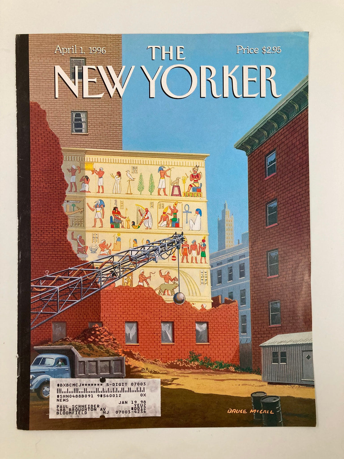 Cover only of The New Yorker April 1 1996, designed by Bruce McCall, highlighting detailed artwork of a cityscape with murals, representing the artistic essence of New York.