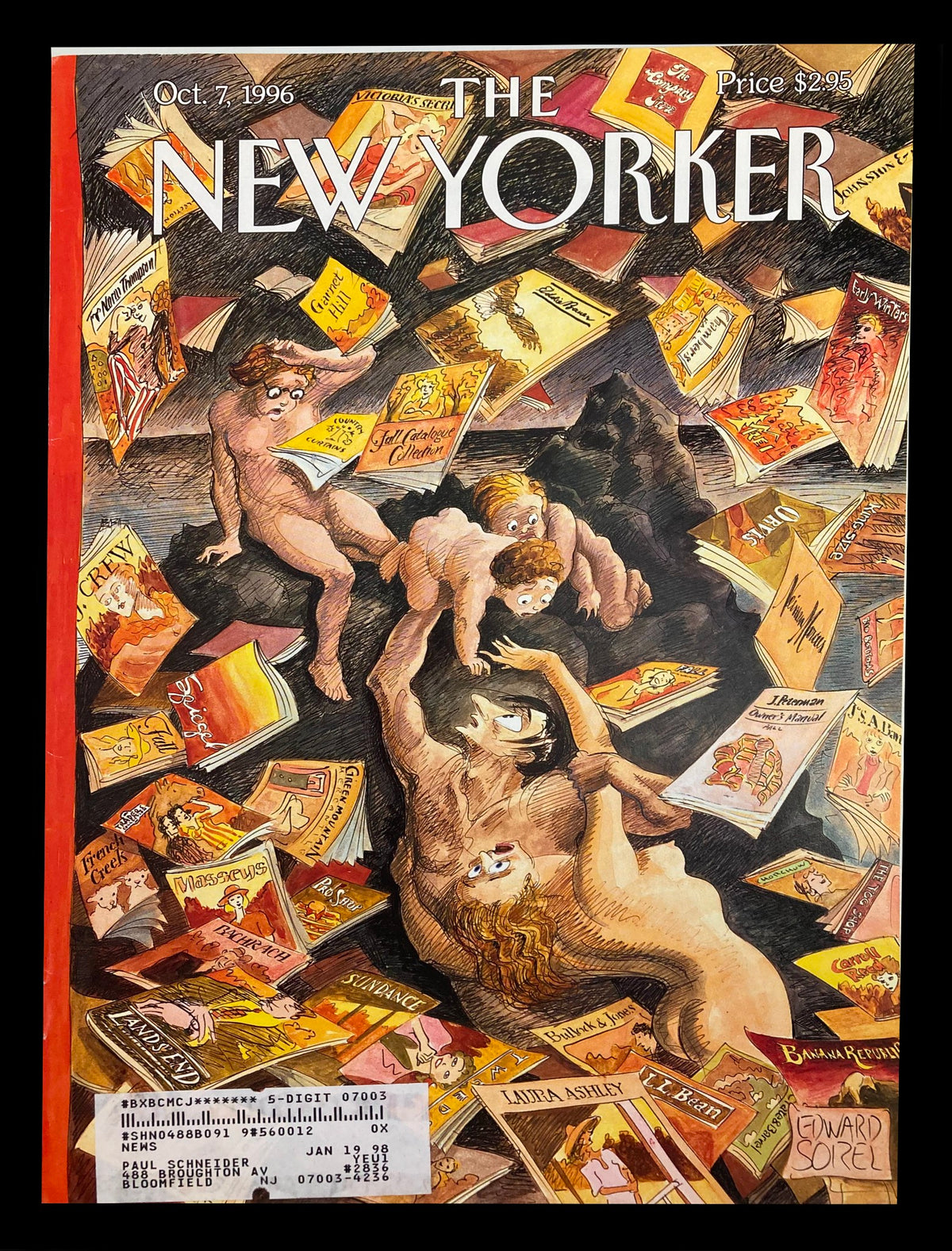 The Deluge cover of The New Yorker magazine, October 7, 1996, illustrated by Edward Sorel, featuring tumultuous imagery with characters and books.