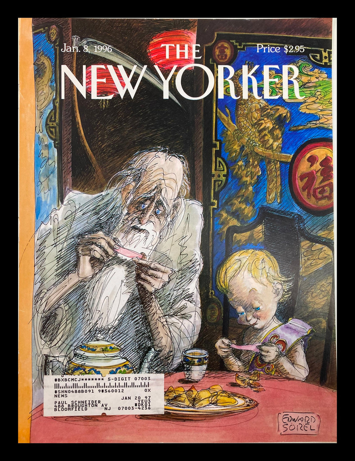 Cover only of The New Yorker magazine dated January 8, 1996, featuring the illustration 'Changing Fortunes' by Edward Sorel, depicting an elderly man and a young child sharing a meal.