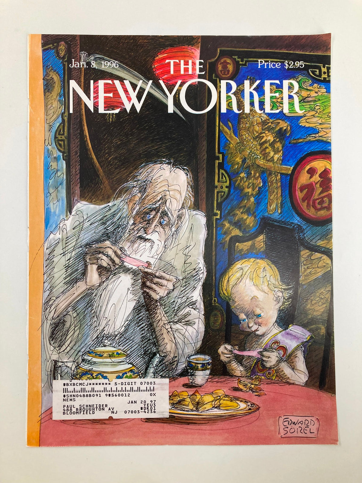 Cover only of The New Yorker magazine from January 8, 1996, illustrated by Edward Sorel, showcasing an elderly man and a child engaged in a meal, rich in color and detail.