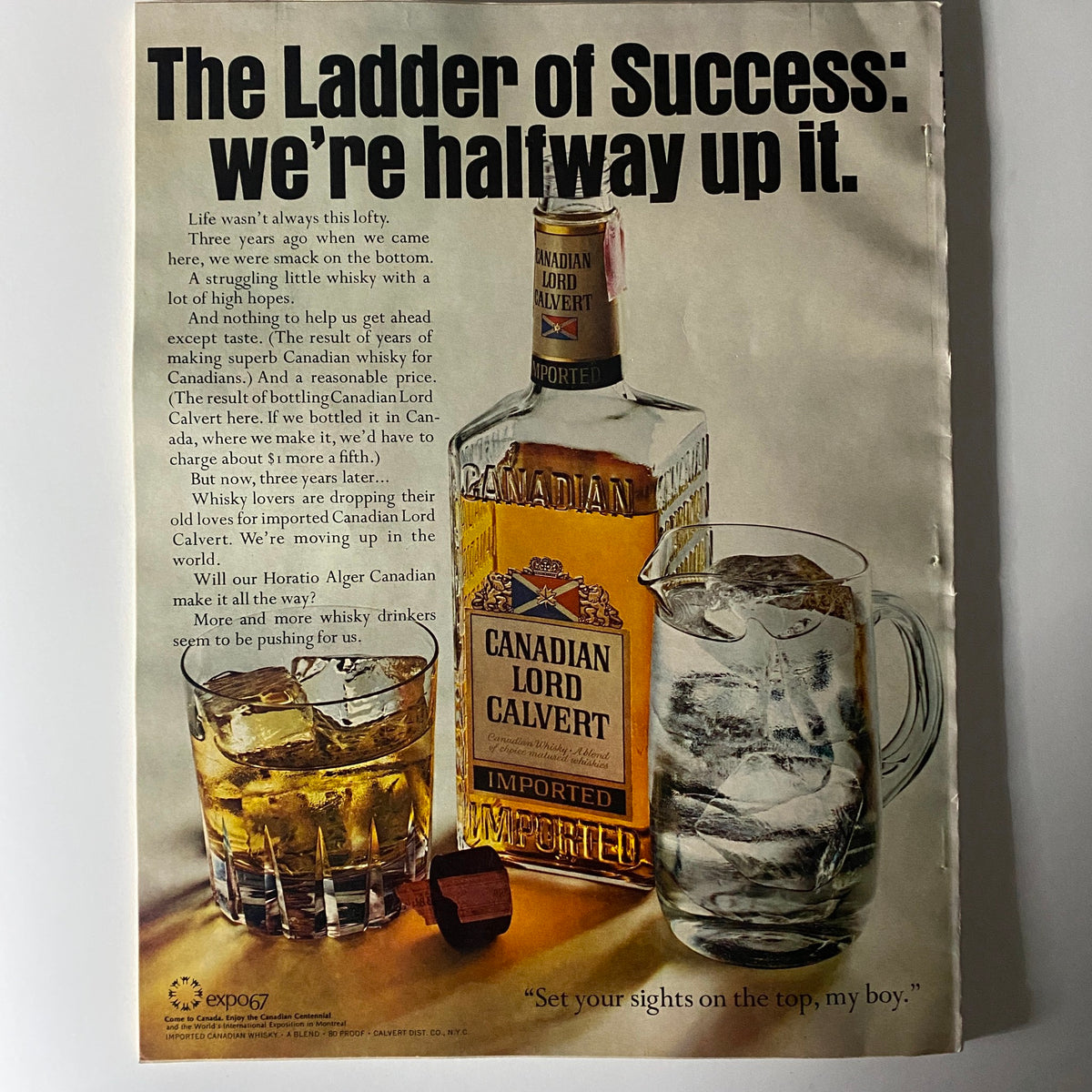 Advertisement page from VTG Esquire Magazine August 1967 No. 405 showcasing Canadian Lord Calvert whisky with a tagline about success, capturing the vintage advertising style of the late 1960s.