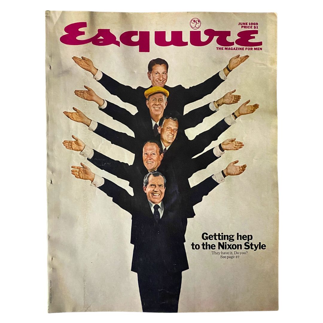 Cover of VTG Esquire Magazine June 1969 No. 427 featuring the theme 'Getting hep to the Nixon Style' with a creative illustration of multiple figures, including a prominent image of Richard Nixon.